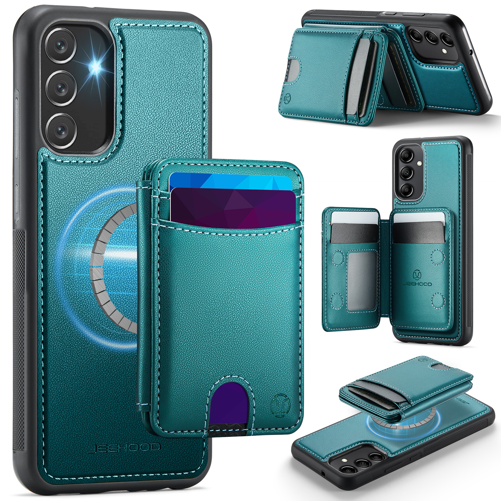 JEEHOOD For Samsung Galaxy A34 5G Magnetic Case J10 Leather Back Phone Cover with Detachable Card Holder Kickstand - Blue