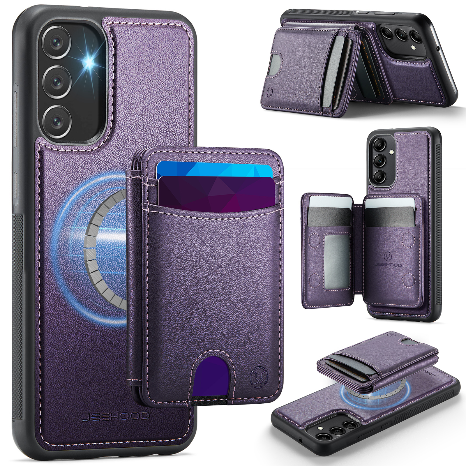JEEHOOD For Samsung Galaxy A34 5G Magnetic Case  J10 Leather Back Phone Cover with Detachable Card Holder Kickstand - Purple