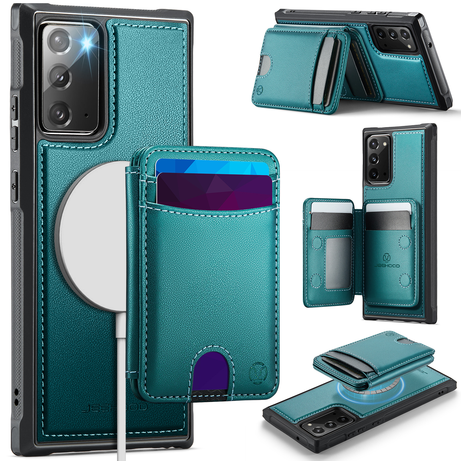 JEEHOOD For Samsung Galaxy Note20 Magnetic Case J10 Leather Back Phone Cover with Detachable Card Holder Kickstand - Blue