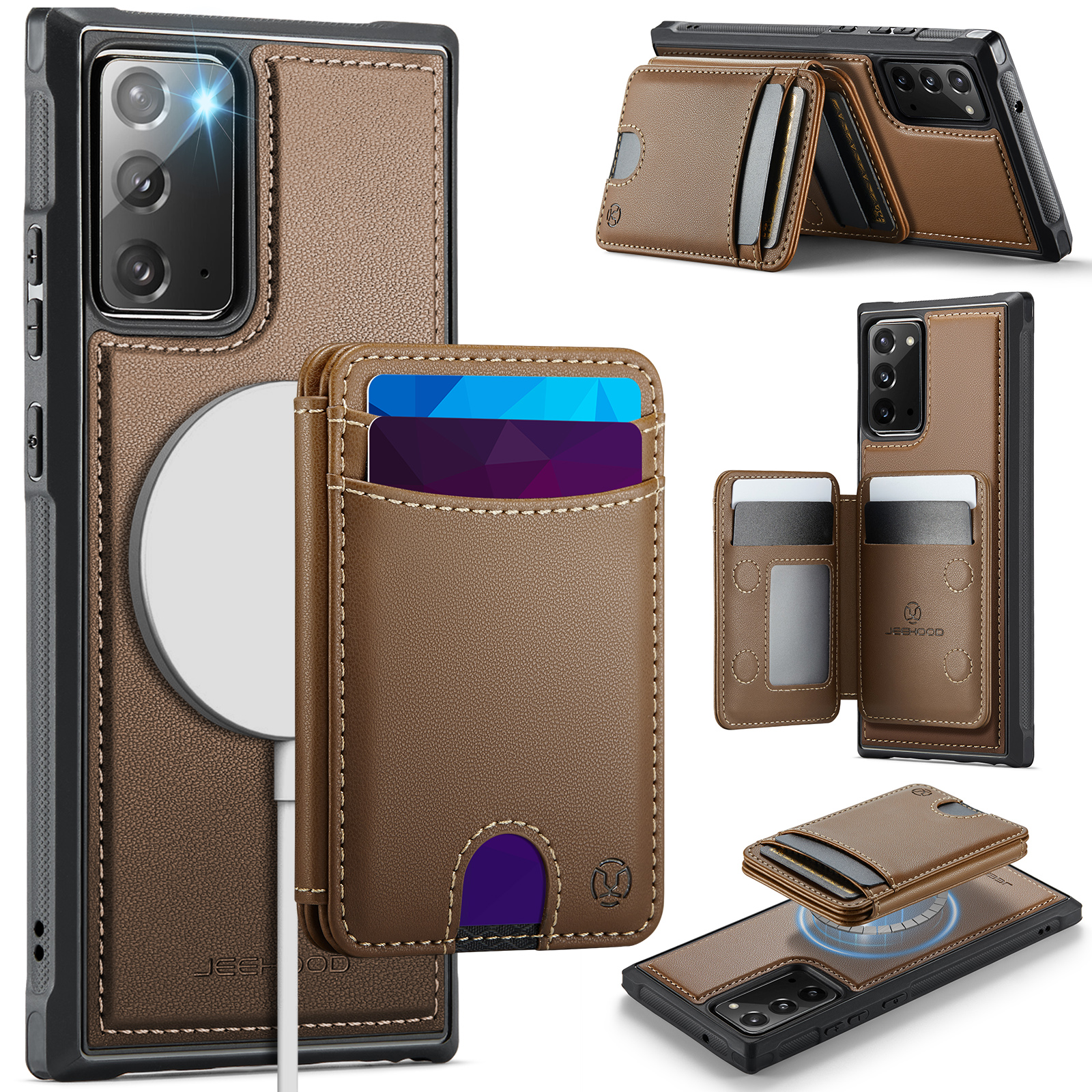 JEEHOOD For Samsung Galaxy Note20 Magnetic Case  J10 Leather Back Phone Cover with Detachable Card Holder Kickstand - Brown