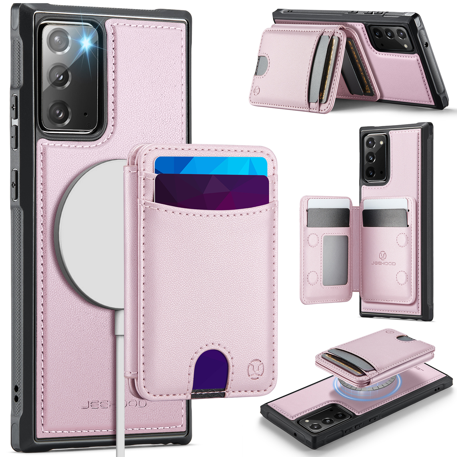 JEEHOOD For Samsung Galaxy Note20 Magnetic Case  J10 Leather Back Phone Cover with Detachable Card Holder Kickstand - Pink