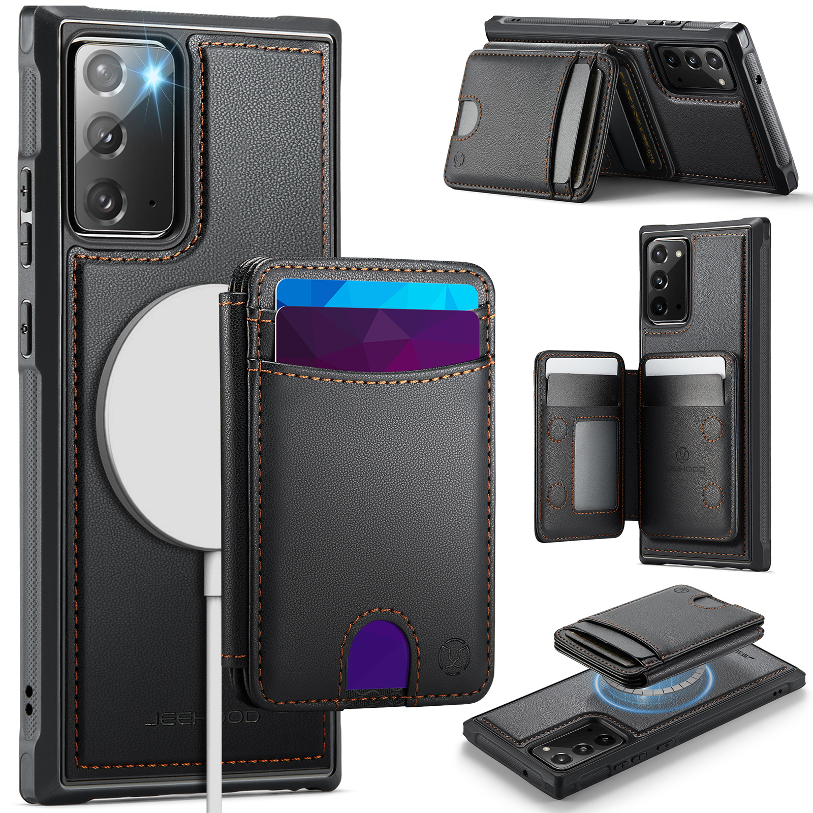 JEEHOOD For Samsung Galaxy Note20 Magnetic Case  J10 Leather Back Phone Cover with Detachable Card Holder Kickstand - Black