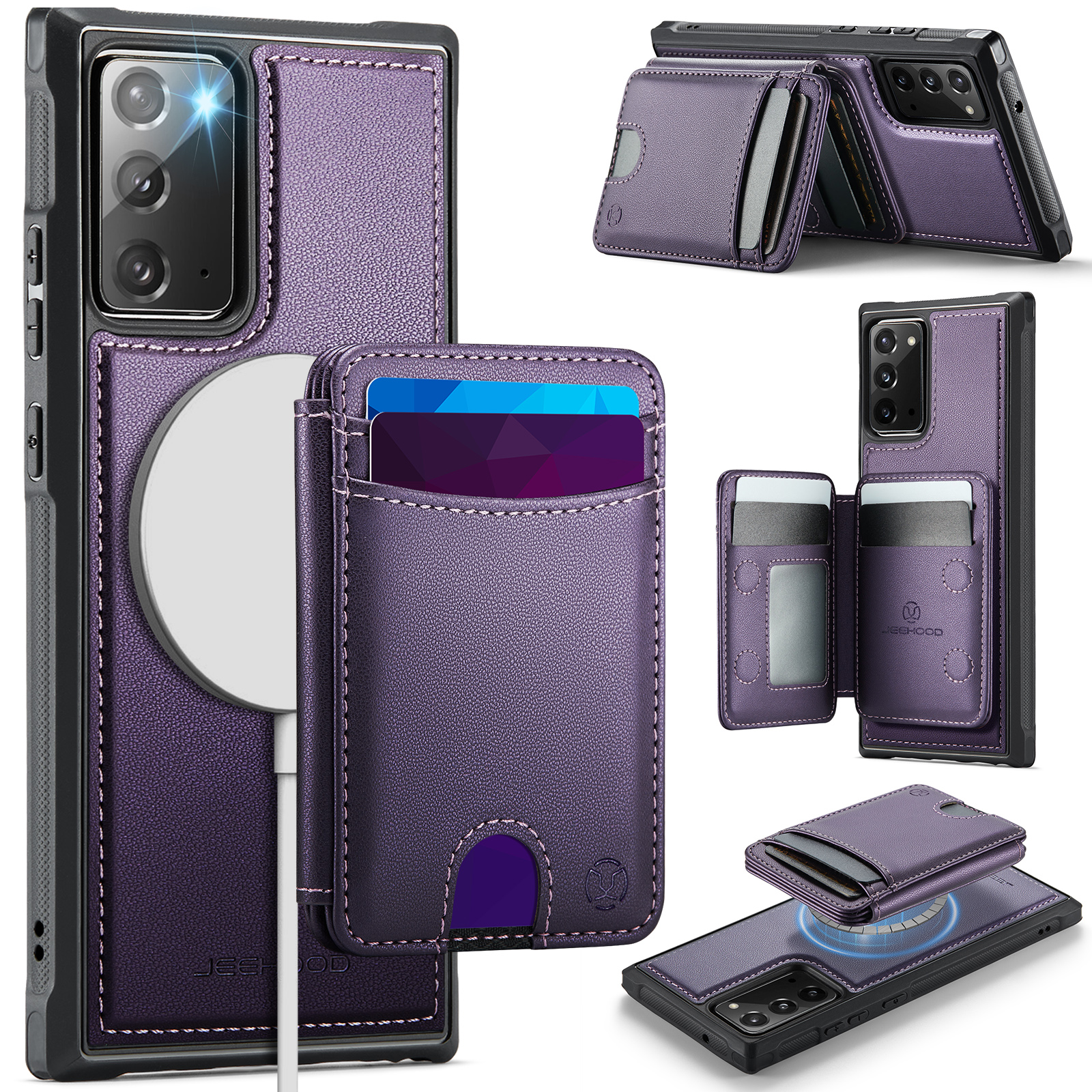 JEEHOOD For Samsung Galaxy Note20 Magnetic Case J10 Leather Back Phone Cover with Detachable Card Holder Kickstand - Purple