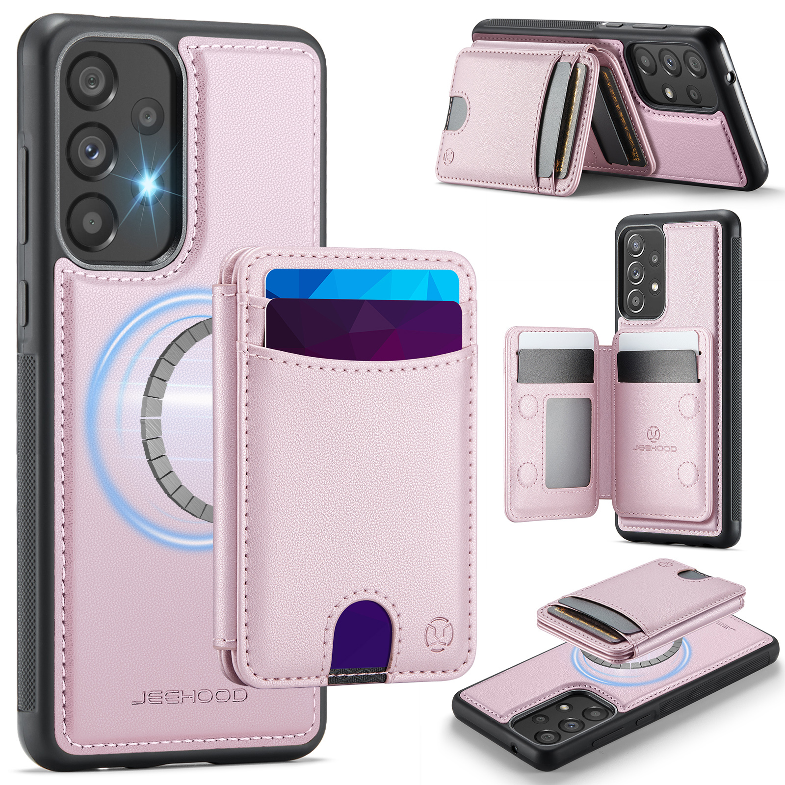 JEEHOOD For Samsung Galaxy A33 5G Magnetic Case J10 Leather Back Phone Cover with Detachable Card Holder Kickstand - Pink