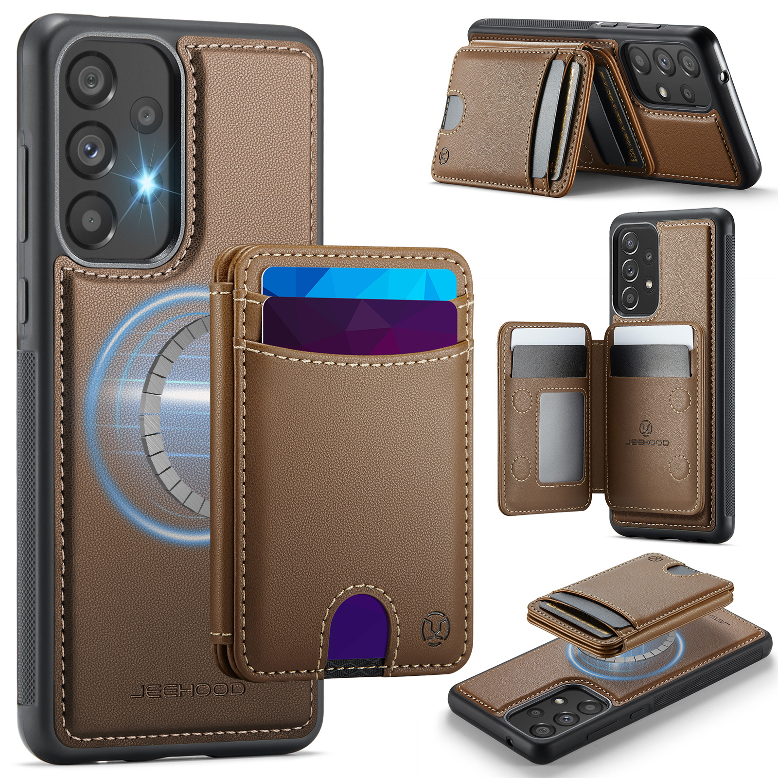 JEEHOOD For Samsung Galaxy A33 5G Magnetic Case J10 Leather Back Phone Cover with Detachable Card Holder Kickstand - Brown