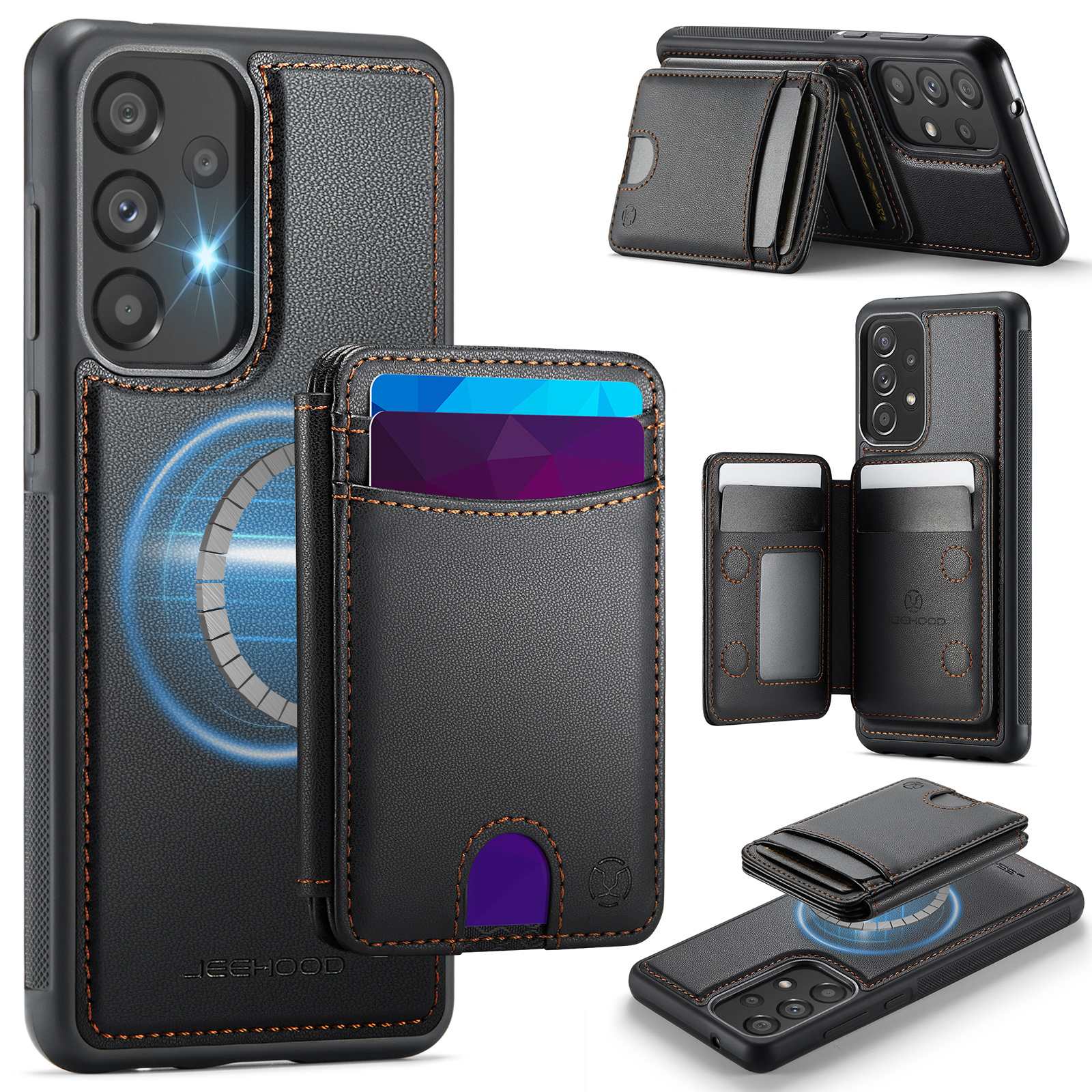 JEEHOOD For Samsung Galaxy A33 5G Magnetic Case  J10 Leather Back Phone Cover with Detachable Card Holder Kickstand - Black