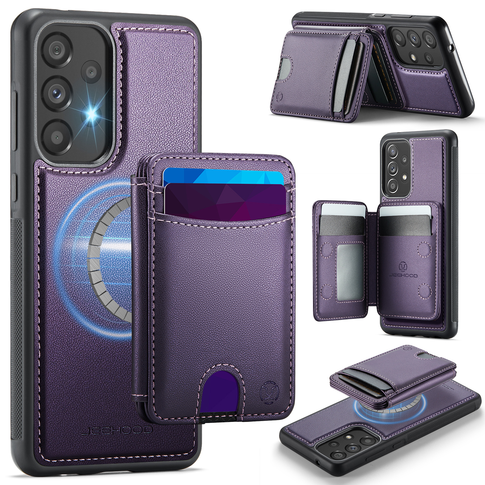 JEEHOOD For Samsung Galaxy A33 5G Magnetic Case J10 Leather Back Phone Cover with Detachable Card Holder Kickstand - Purple