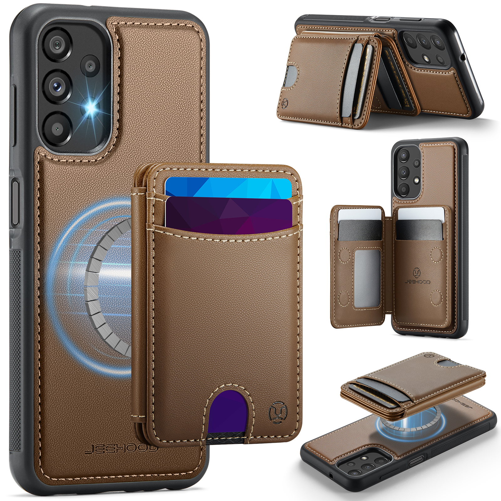 JEEHOOD For Samsung Galaxy A13 4G / Galaxy A13 5G Magnetic Case J10 Leather Back Phone Cover with Detachable Card Holder Kickstand - Brown