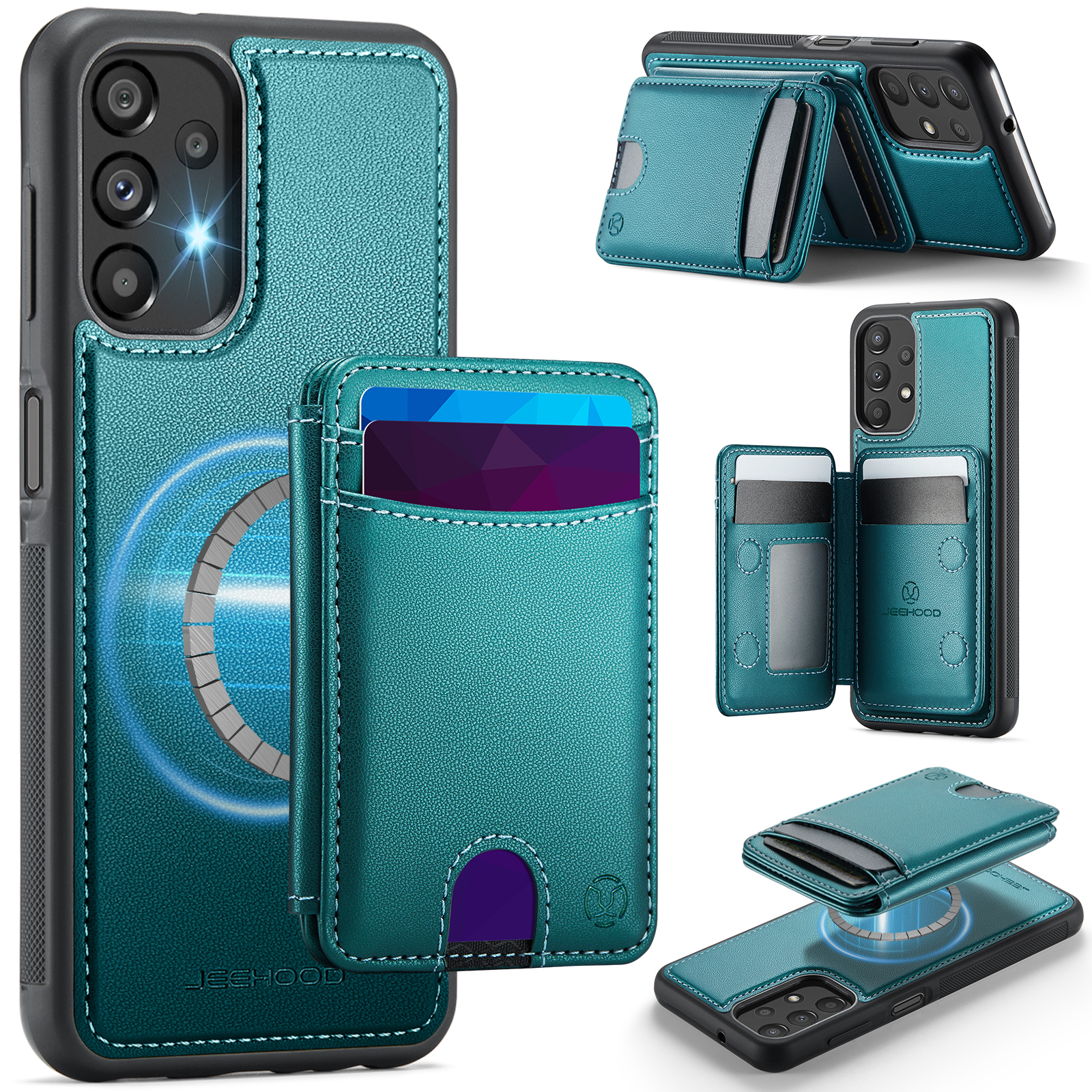 JEEHOOD For Samsung Galaxy A13 4G / Galaxy A13 5G Magnetic Case J10 Leather Back Phone Cover with Detachable Card Holder Kickstand - Blue