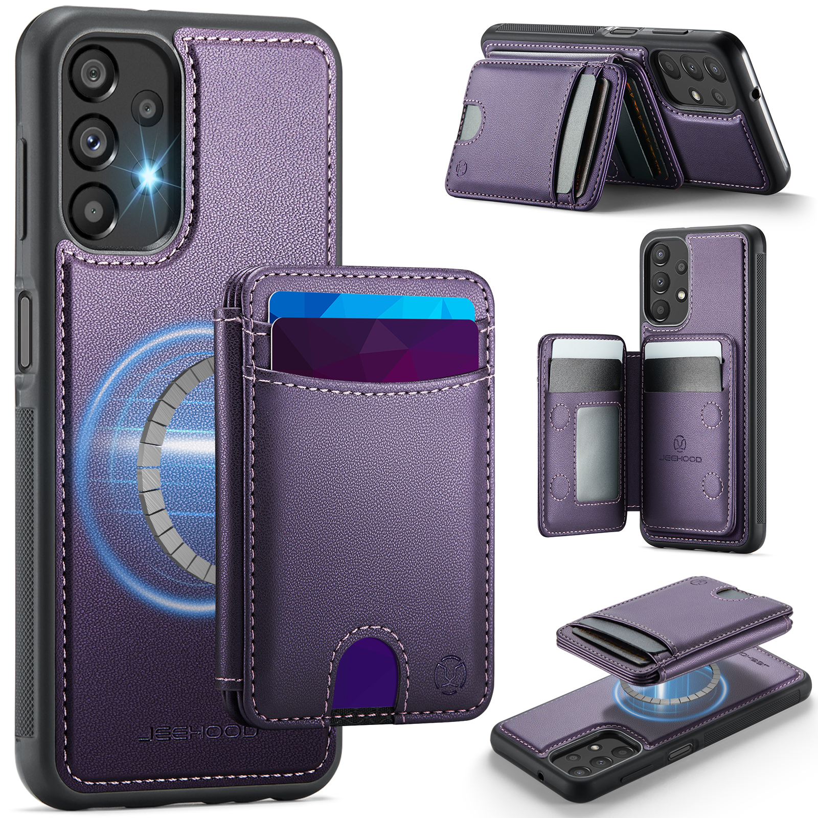 JEEHOOD For Samsung Galaxy A13 4G / Galaxy A13 5G Magnetic Case J10 Leather Back Phone Cover with Detachable Card Holder Kickstand - Purple