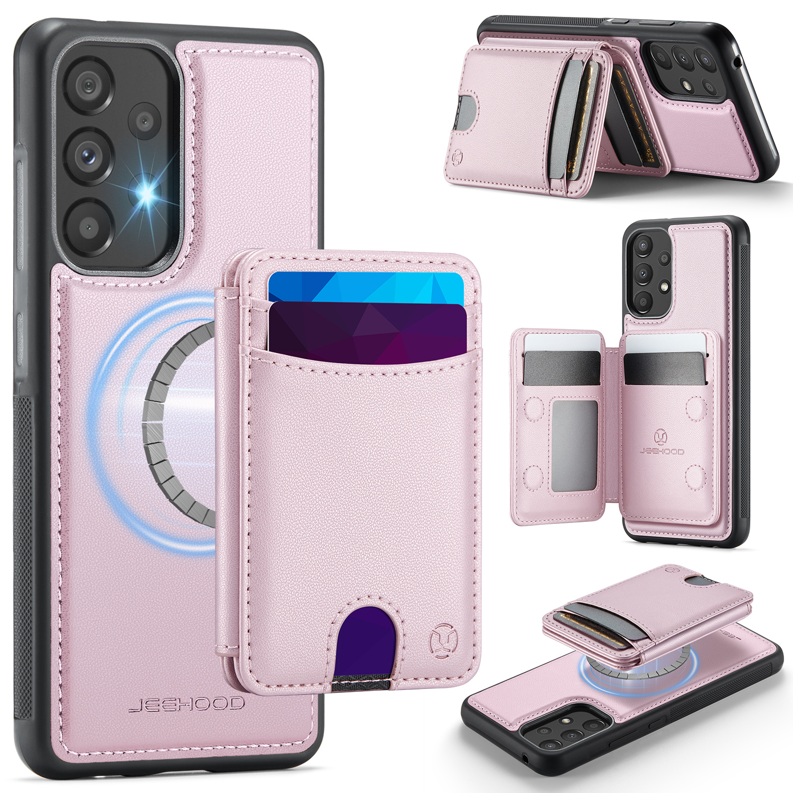 JEEHOOD For Samsung Galaxy A52 5G / Galaxy A52s 5G / Galaxy A52 4G Magnetic Case  J10 Leather Back Phone Cover with Detachable Card Holder Kickstand - Pink