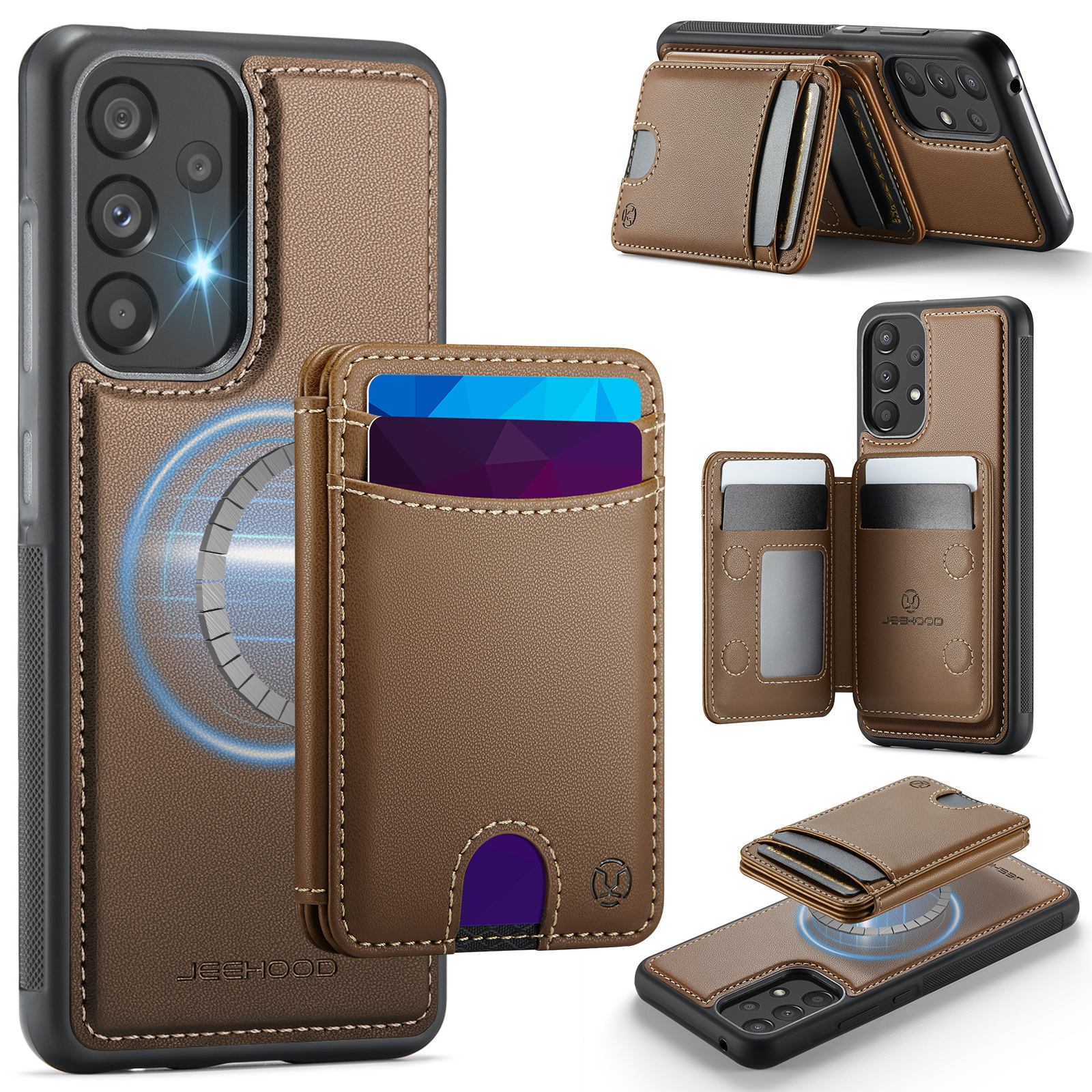JEEHOOD For Samsung Galaxy A52 5G / Galaxy A52s 5G / Galaxy A52 4G Magnetic Case  J10 Leather Back Phone Cover with Detachable Card Holder Kickstand - Brown