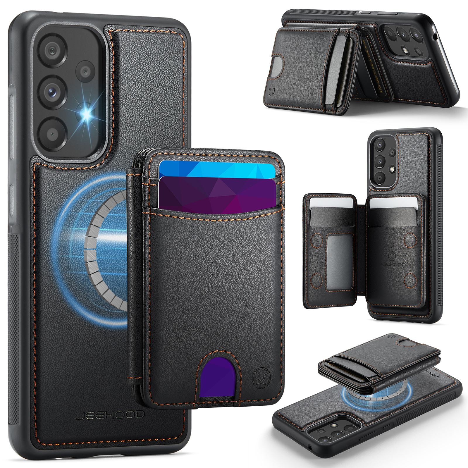 JEEHOOD For Samsung Galaxy A52 5G / Galaxy A52s 5G / Galaxy A52 4G Magnetic Case  J10 Leather Back Phone Cover with Detachable Card Holder Kickstand - Black