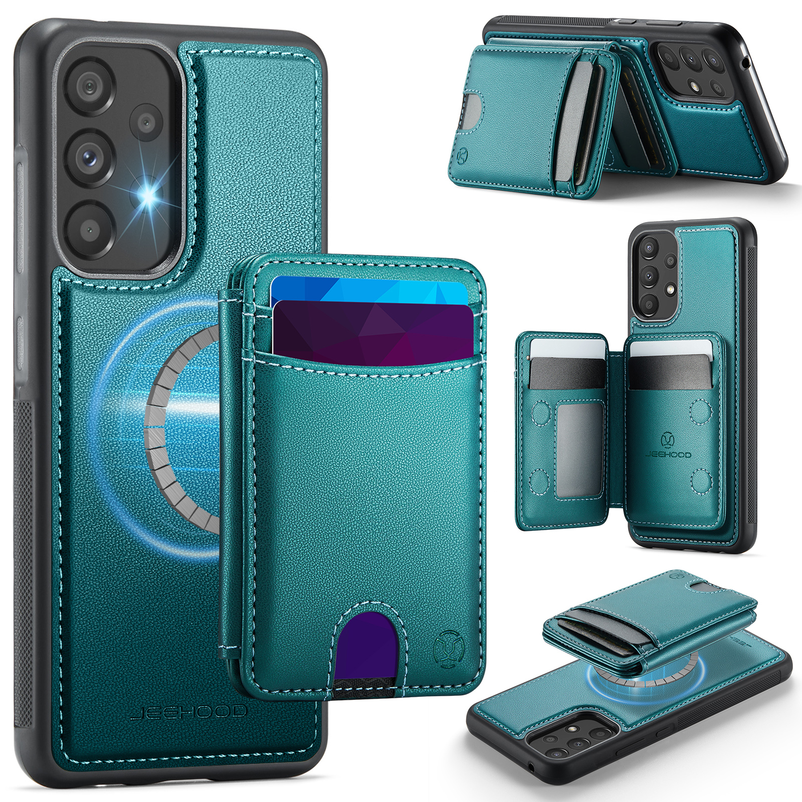 JEEHOOD For Samsung Galaxy A52 5G / Galaxy A52s 5G / Galaxy A52 4G Magnetic Case J10 Leather Back Phone Cover with Detachable Card Holder Kickstand - Blue
