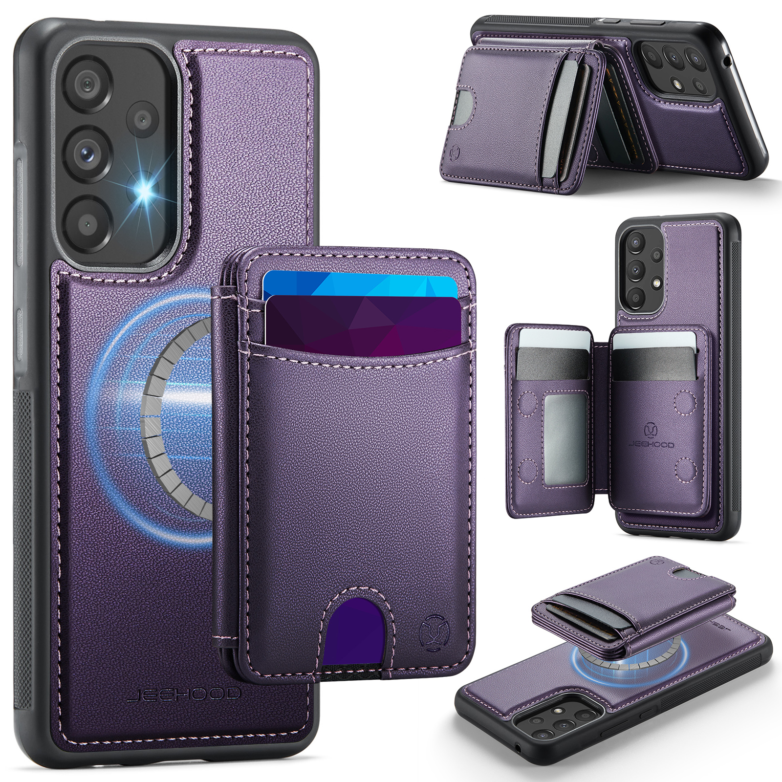 JEEHOOD For Samsung Galaxy A52 5G / Galaxy A52s 5G / Galaxy A52 4G Magnetic Case  J10 Leather Back Phone Cover with Detachable Card Holder Kickstand - Purple