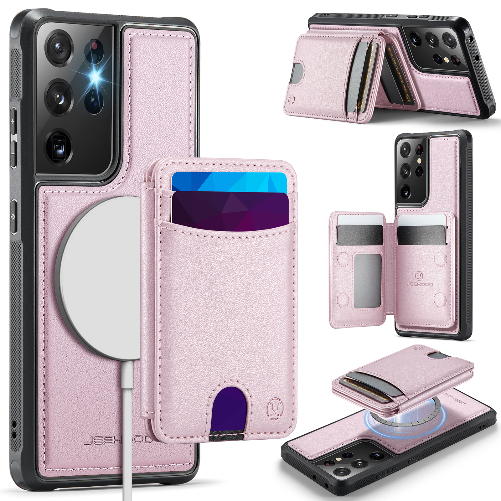 JEEHOOD For Samsung Galaxy S21 Ultra 5G Magnetic Case  J10 Leather Back Phone Cover with Detachable Card Holder Kickstand - Pink