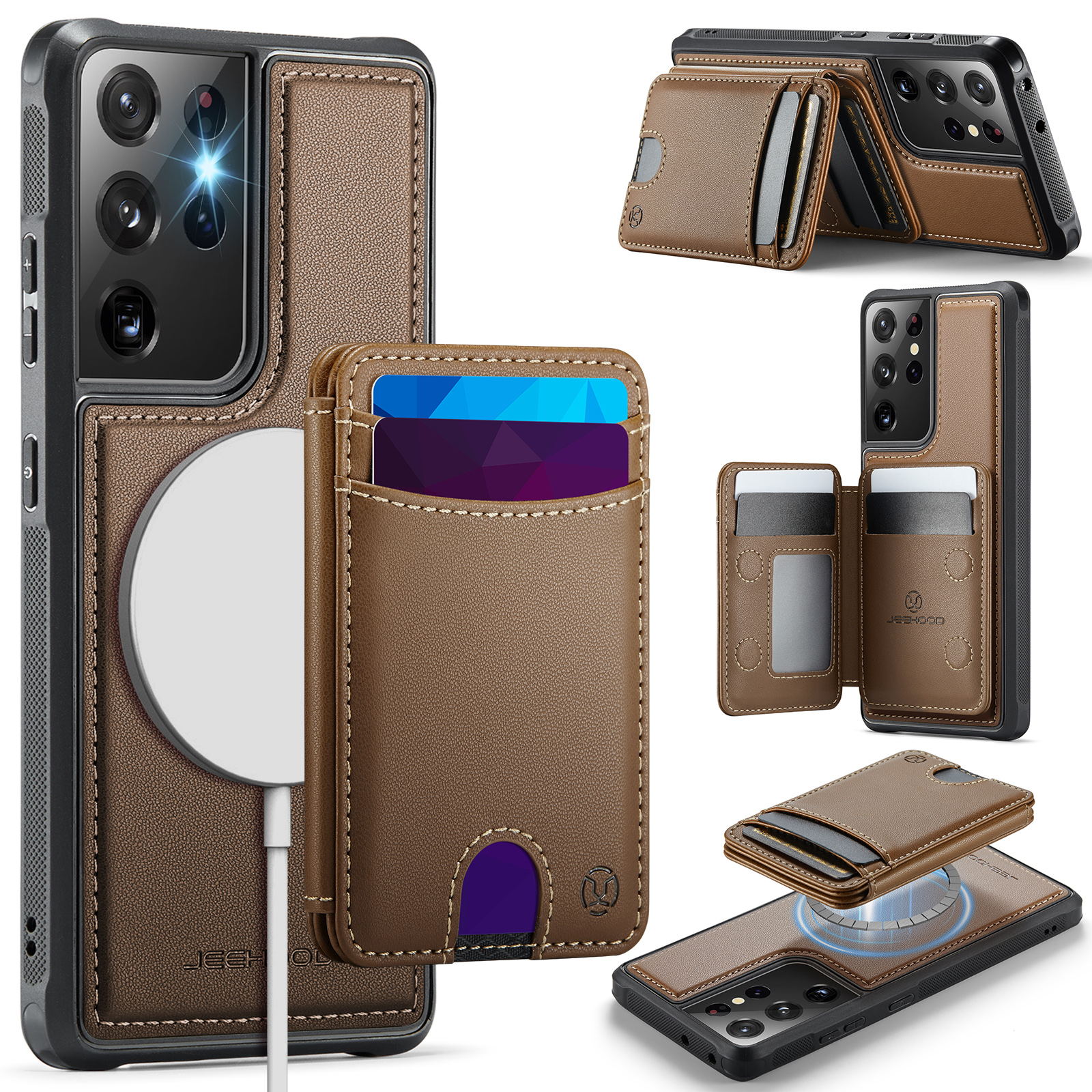 JEEHOOD For Samsung Galaxy S21 Ultra 5G Magnetic Case  J10 Leather Back Phone Cover with Detachable Card Holder Kickstand - Brown