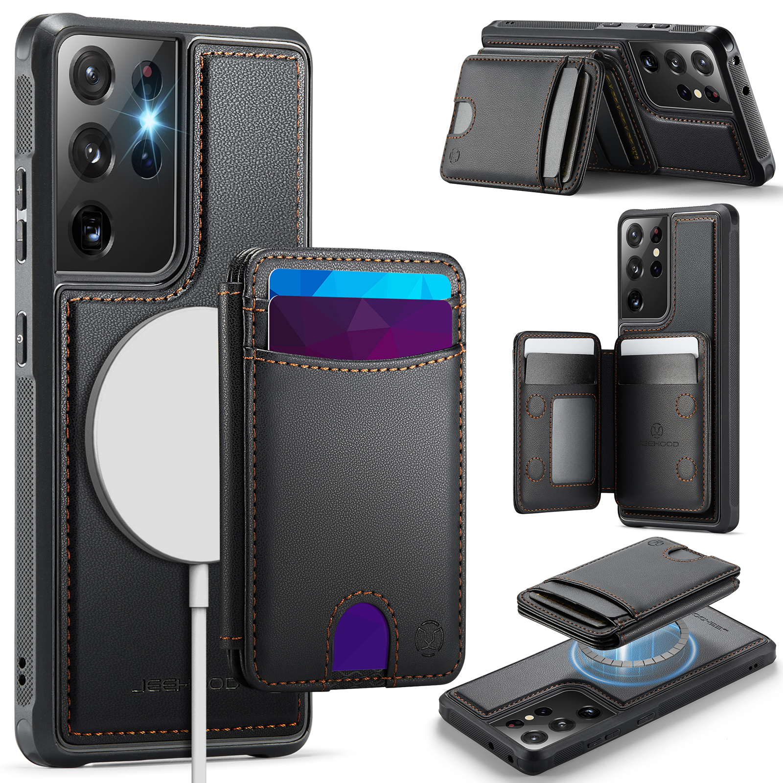 JEEHOOD For Samsung Galaxy S21 Ultra 5G Magnetic Case J10 Leather Back Phone Cover with Detachable Card Holder Kickstand - Black