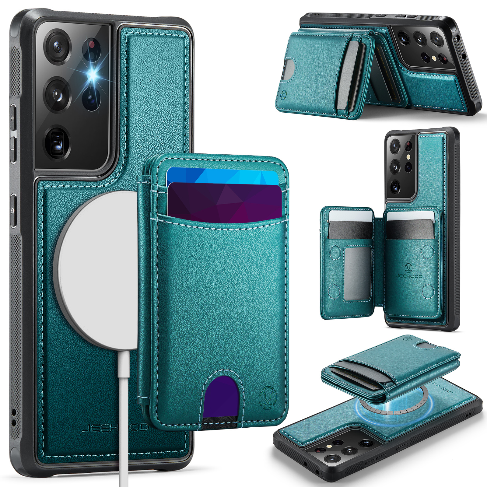 JEEHOOD For Samsung Galaxy S21 Ultra 5G Magnetic Case  J10 Leather Back Phone Cover with Detachable Card Holder Kickstand - Blue