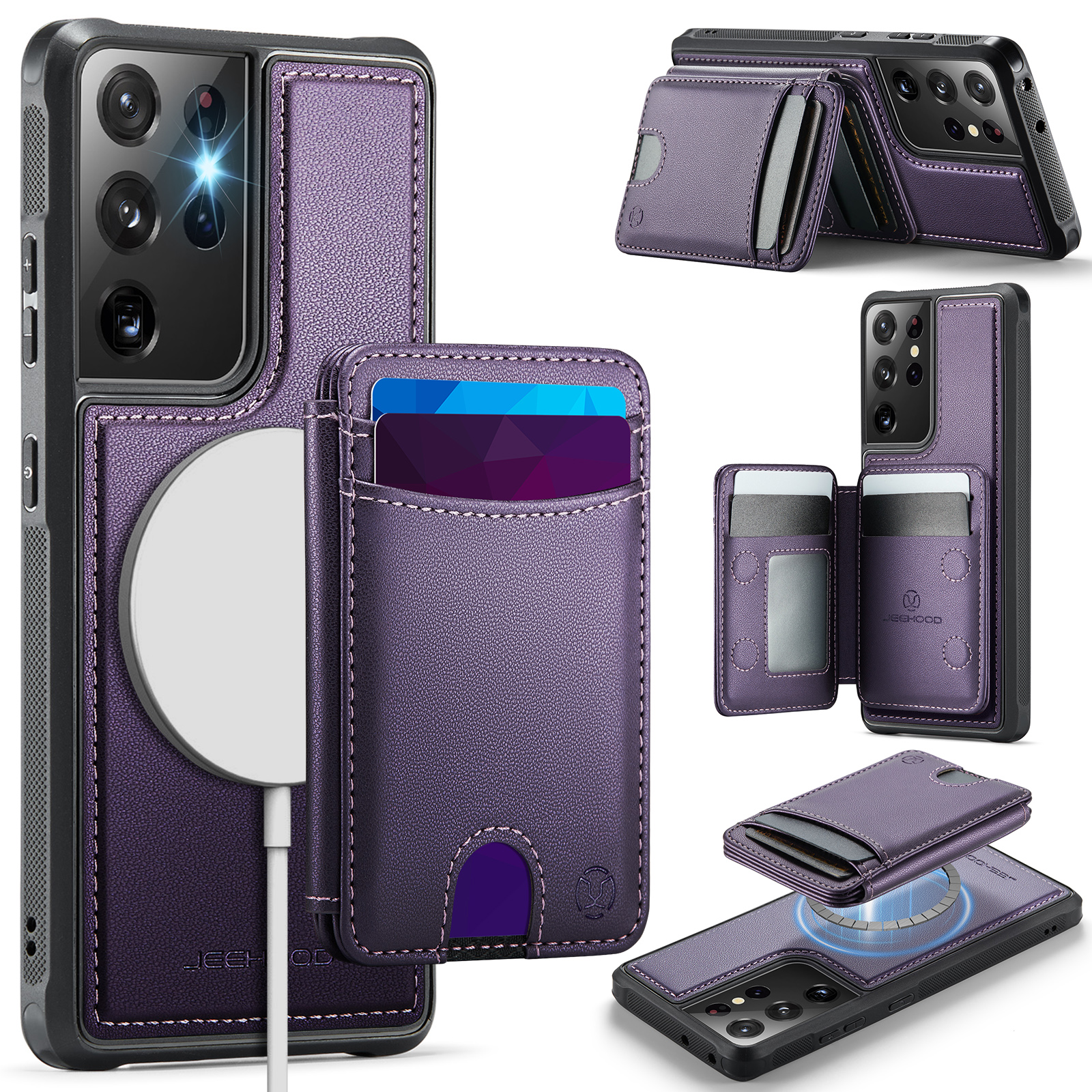 JEEHOOD For Samsung Galaxy S21 Ultra 5G Magnetic Case J10 Leather Back Phone Cover with Detachable Card Holder Kickstand - Purple