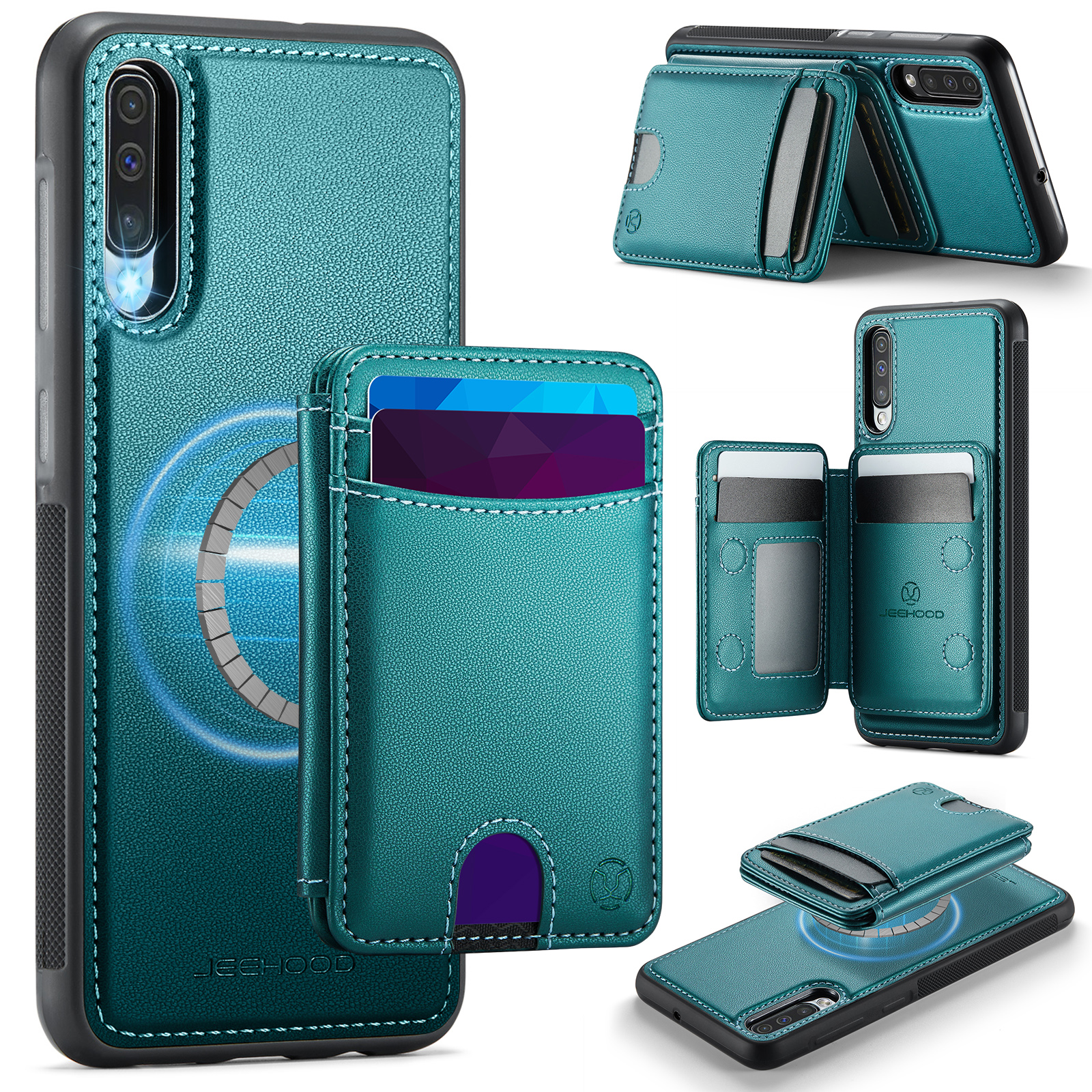 JEEHOOD For Samsung Galaxy A50 Magnetic Case J10 Leather Back Phone Cover with Detachable Card Holder Kickstand - Blue