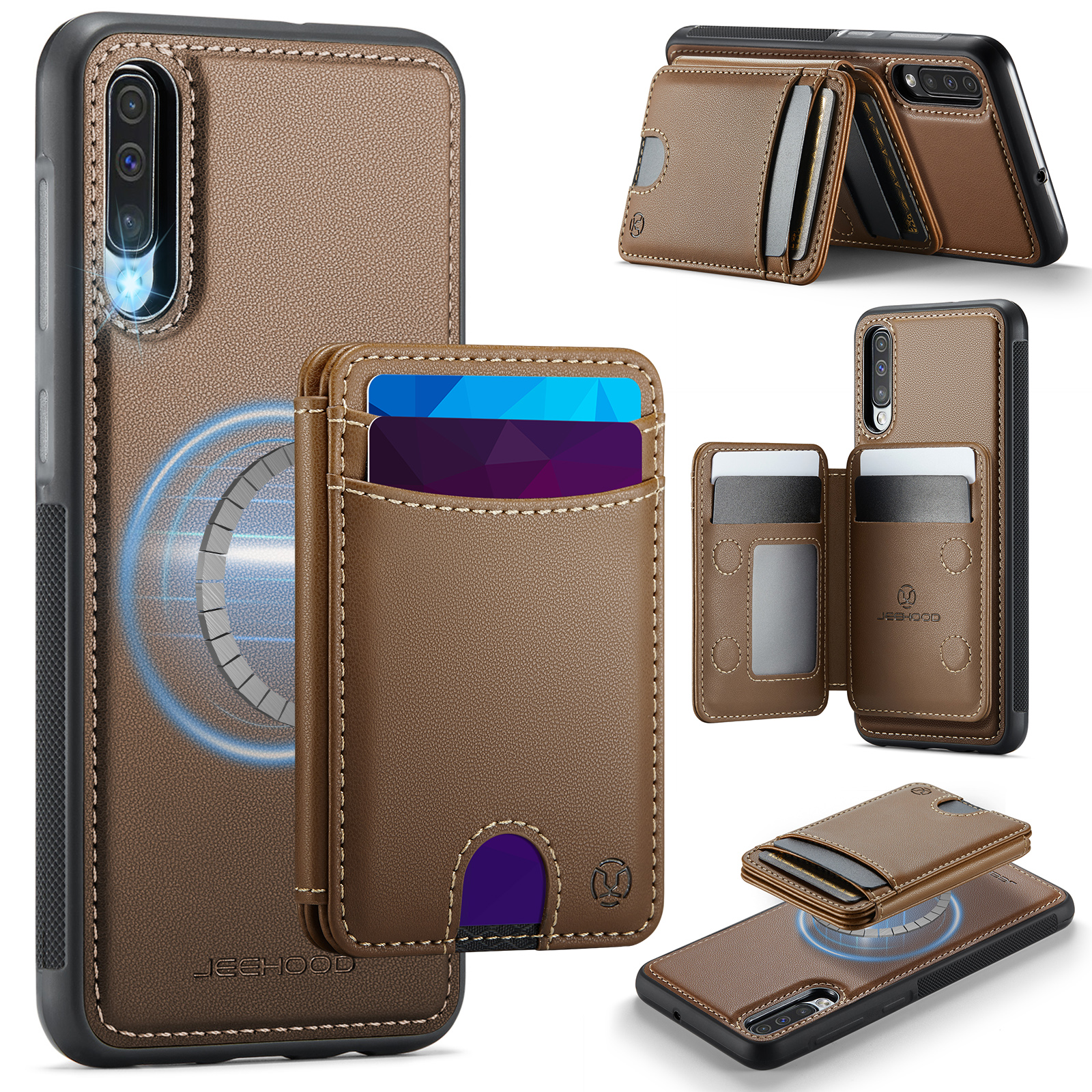 JEEHOOD For Samsung Galaxy A50 Magnetic Case J10 Leather Back Phone Cover with Detachable Card Holder Kickstand - Brown