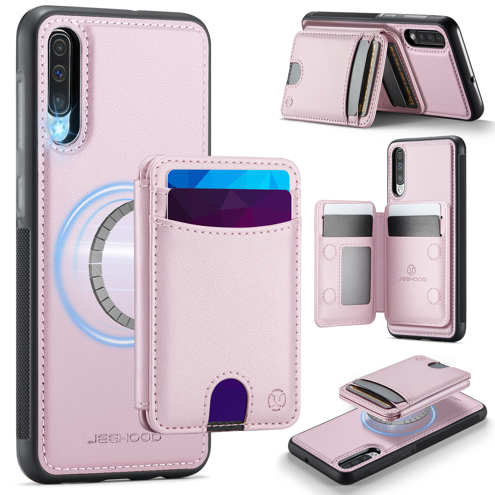 JEEHOOD For Samsung Galaxy A50 Magnetic Case J10 Leather Back Phone Cover with Detachable Card Holder Kickstand - Pink