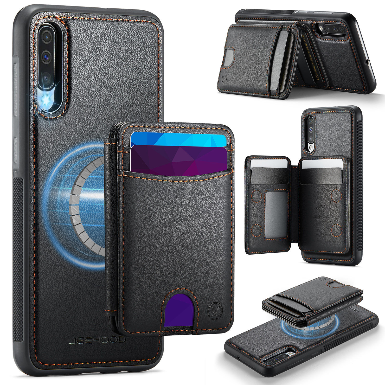 JEEHOOD For Samsung Galaxy A50 Magnetic Case  J10 Leather Back Phone Cover with Detachable Card Holder Kickstand - Black