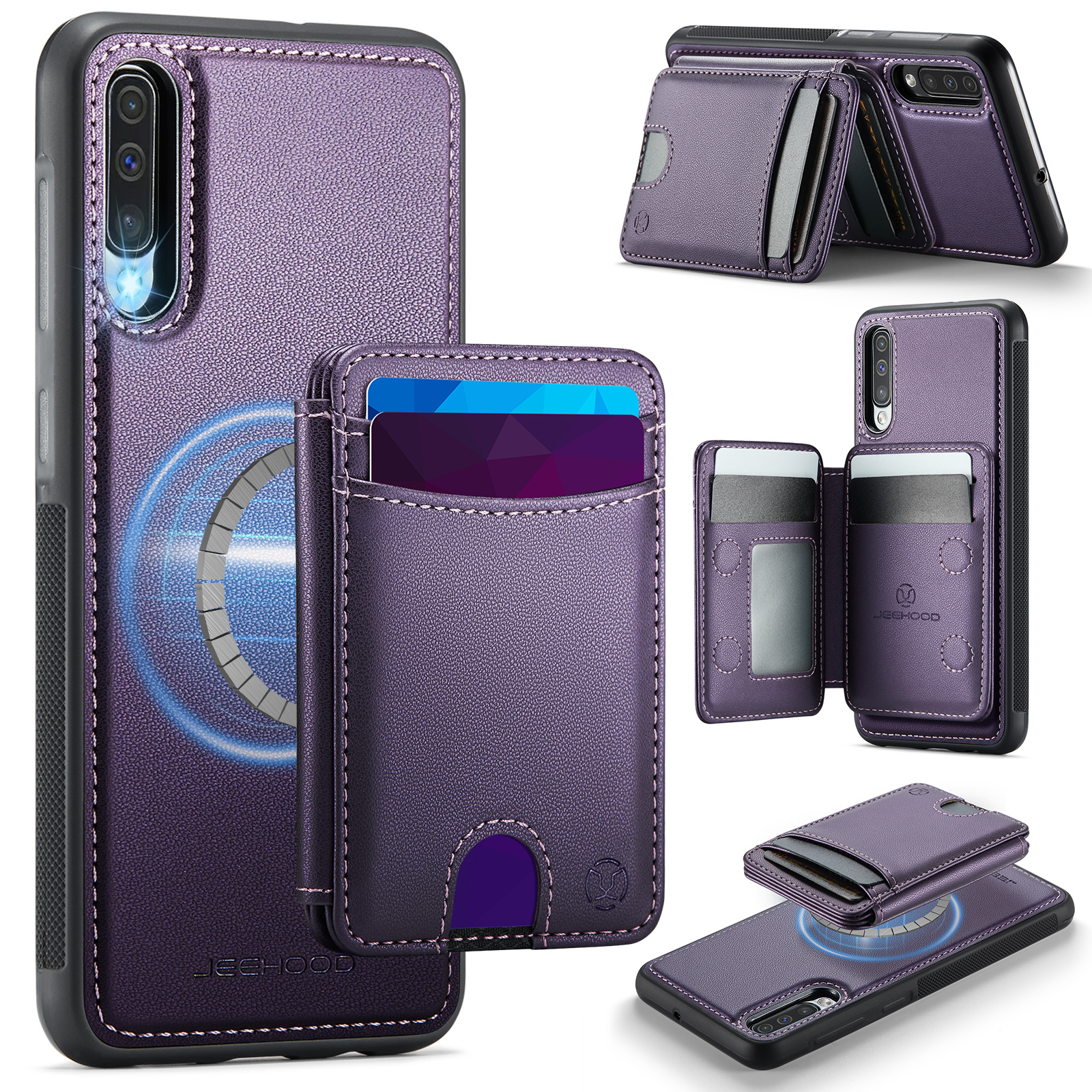JEEHOOD For Samsung Galaxy A50 Magnetic Case J10 Leather Back Phone Cover with Detachable Card Holder Kickstand - Purple
