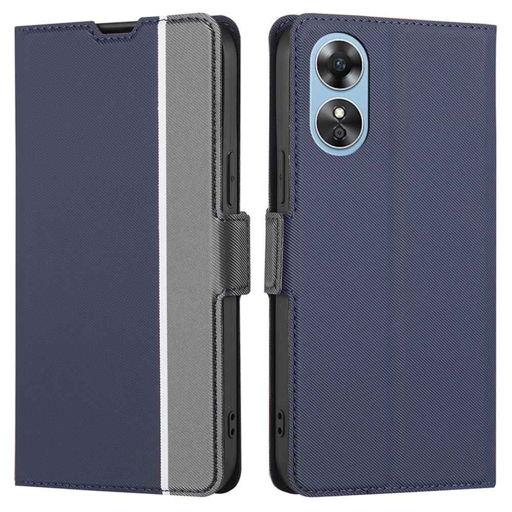 For Oppo A17 4G Ultra Thin PU Leather Phone Case Card Holder Twill Texture Dual Magnet Clasp Wear-resistant Cell Phone Cover Stand - Blue-1