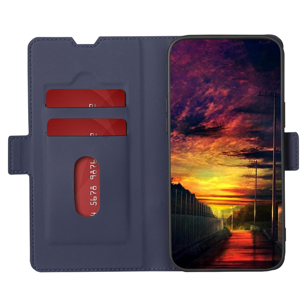 For Oppo A17 4G Ultra Thin PU Leather Phone Case Card Holder Twill Texture Dual Magnet Clasp Wear-resistant Cell Phone Cover Stand - Blue-3
