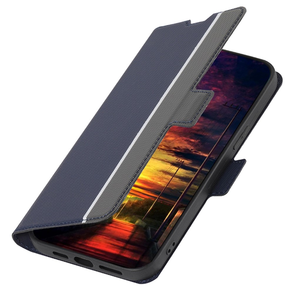 For Oppo A17 4G Ultra Thin PU Leather Phone Case Card Holder Twill Texture Dual Magnet Clasp Wear-resistant Cell Phone Cover Stand - Blue-4