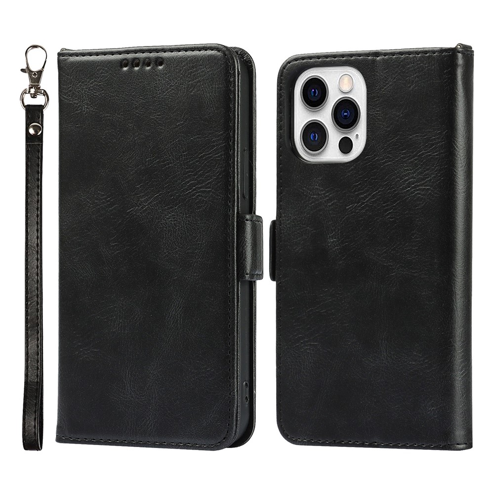 For iPhone 14 Pro Max Anti-scratch Phone Case Retro Wallet Stand Magnetic Clasp Drop Proof Flip Leather Phone Cover with Strap - Black-1
