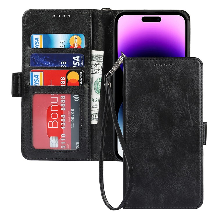For iPhone 14 Pro Max Anti-scratch Phone Case Retro Wallet Stand Magnetic Clasp Drop Proof Flip Leather Phone Cover with Strap - Black-11