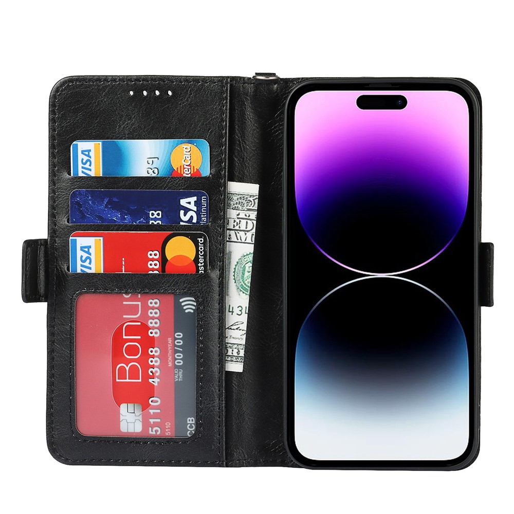For iPhone 14 Pro Max Anti-scratch Phone Case Retro Wallet Stand Magnetic Clasp Drop Proof Flip Leather Phone Cover with Strap - Black-2