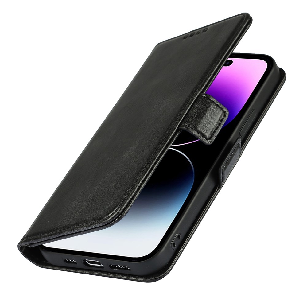 For iPhone 14 Pro Max Anti-scratch Phone Case Retro Wallet Stand Magnetic Clasp Drop Proof Flip Leather Phone Cover with Strap - Black-5