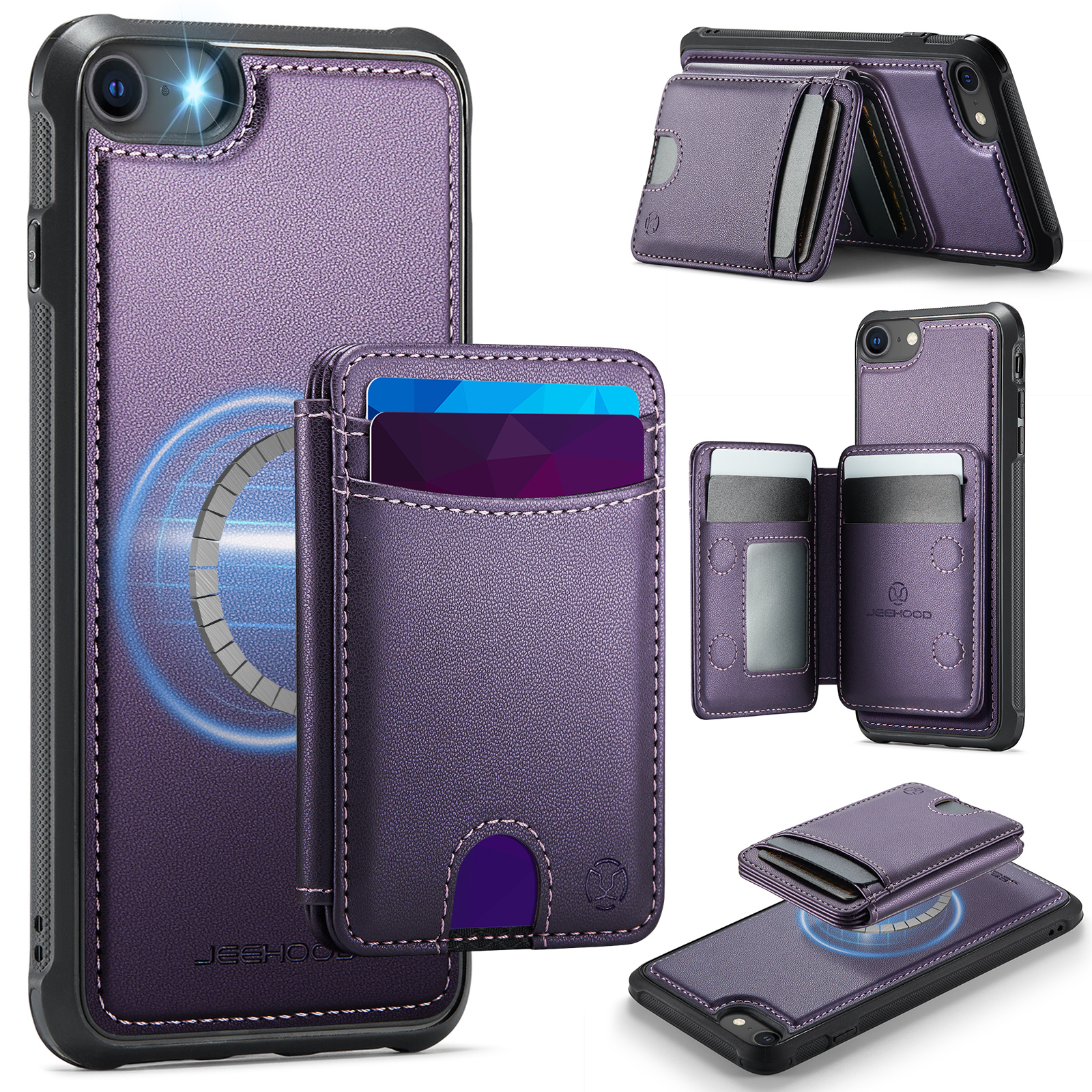 JEEHOOD For iPhone 8 4.7 inch / iPhone SE (2020) / iPhone SE (2022) / iPhone 7 4.7 inch Magnetic Case J10 Leather Back Phone Cover with Detachable Card Holder Kickstand - Purple