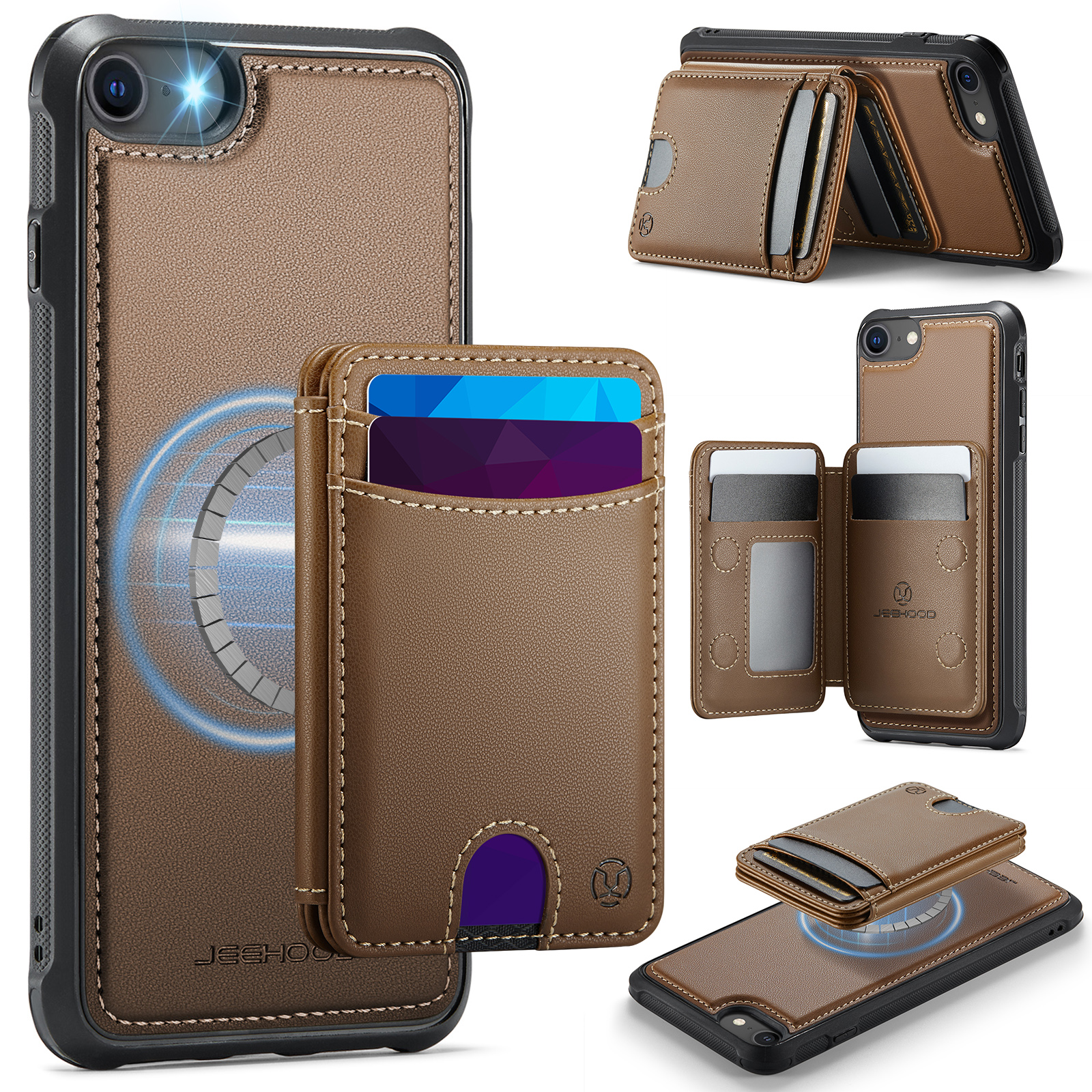 JEEHOOD For iPhone 8 4.7 inch / iPhone SE (2020) / iPhone SE (2022) / iPhone 7 4.7 inch Magnetic Case J10 Leather Back Phone Cover with Detachable Card Holder Kickstand - Brown