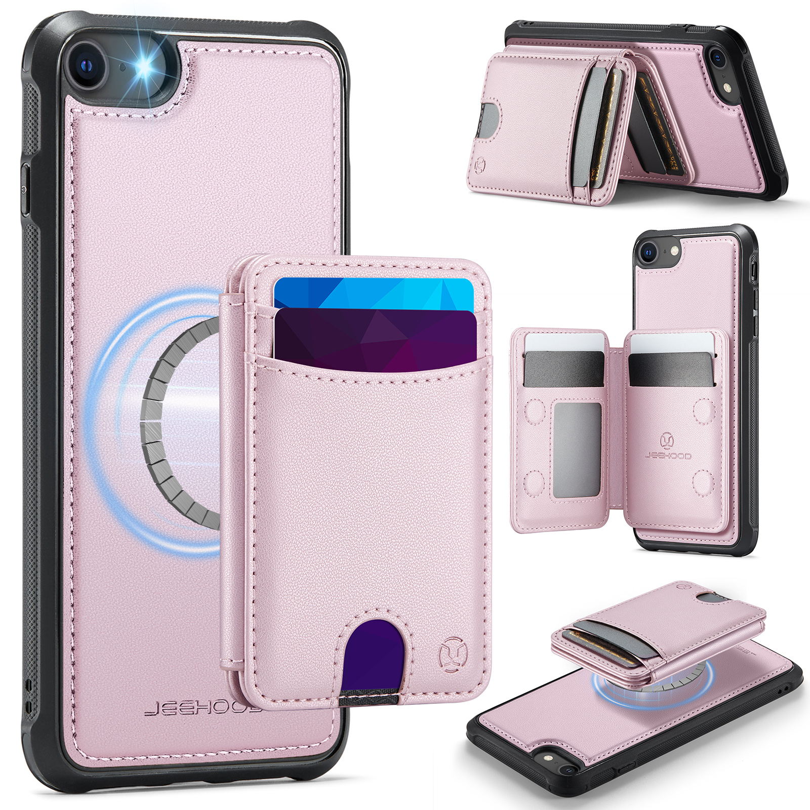 JEEHOOD For iPhone 8 4.7 inch / iPhone SE (2020) / iPhone SE (2022) / iPhone 7 4.7 inch Magnetic Case  J10 Leather Back Phone Cover with Detachable Card Holder Kickstand - Pink