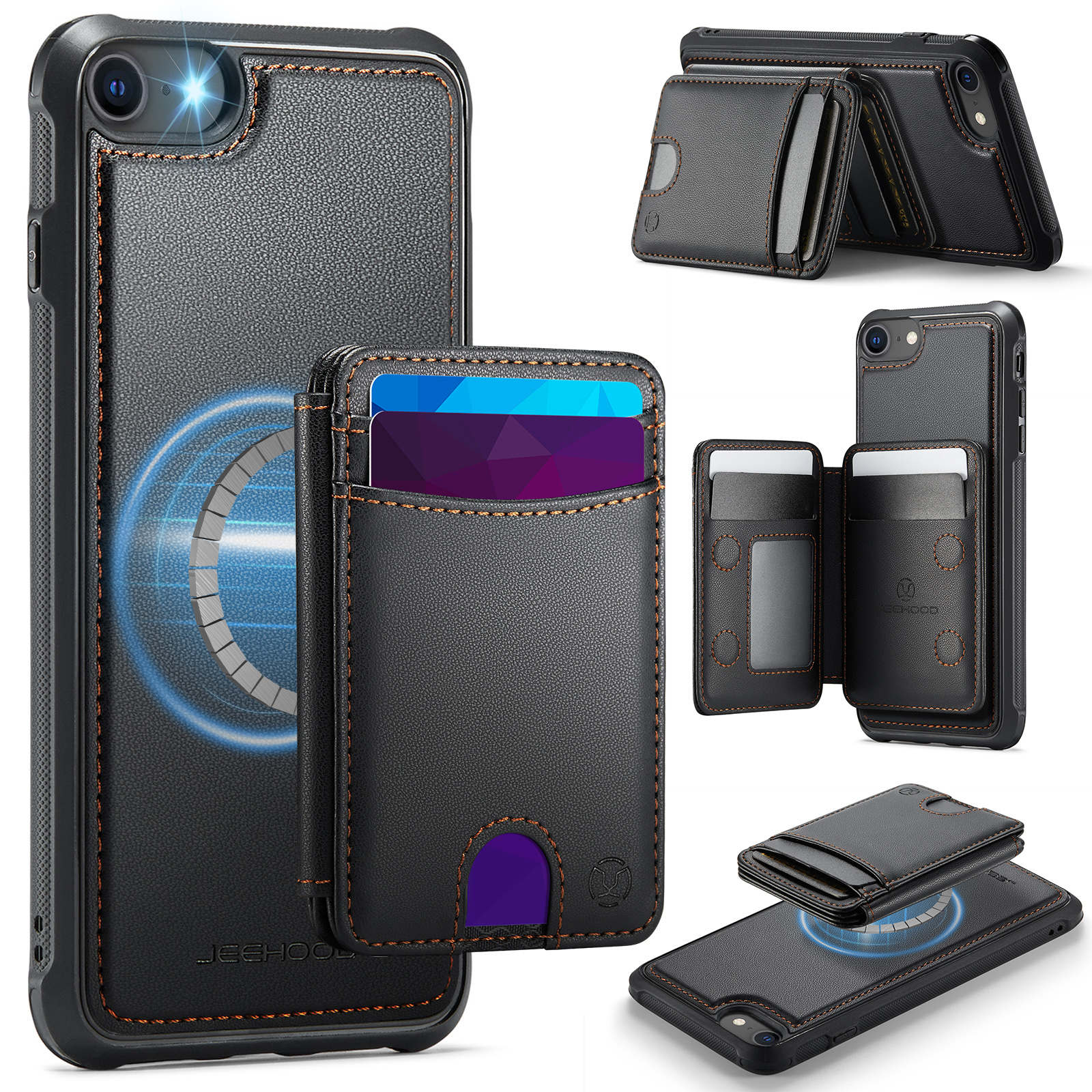 JEEHOOD For iPhone 8 4.7 inch / iPhone SE (2020) / iPhone SE (2022) / iPhone 7 4.7 inch Magnetic Case  J10 Leather Back Phone Cover with Detachable Card Holder Kickstand - Black