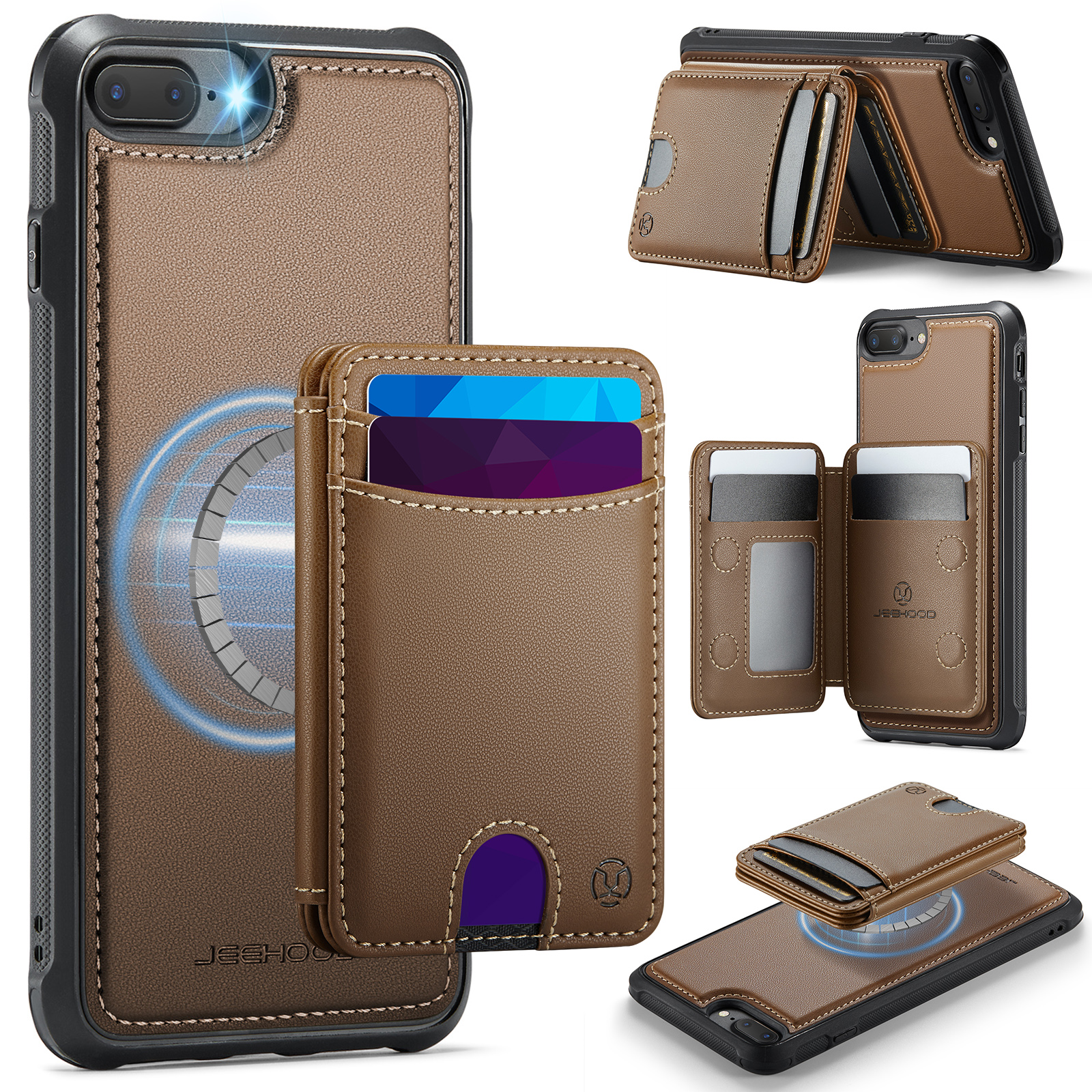 JEEHOOD For iPhone 8 Plus 5.5 inch / iPhone 7 Plus 5.5 inch Magnetic Case J10 Leather Back Phone Cover with Detachable Card Holder Kickstand - Brown