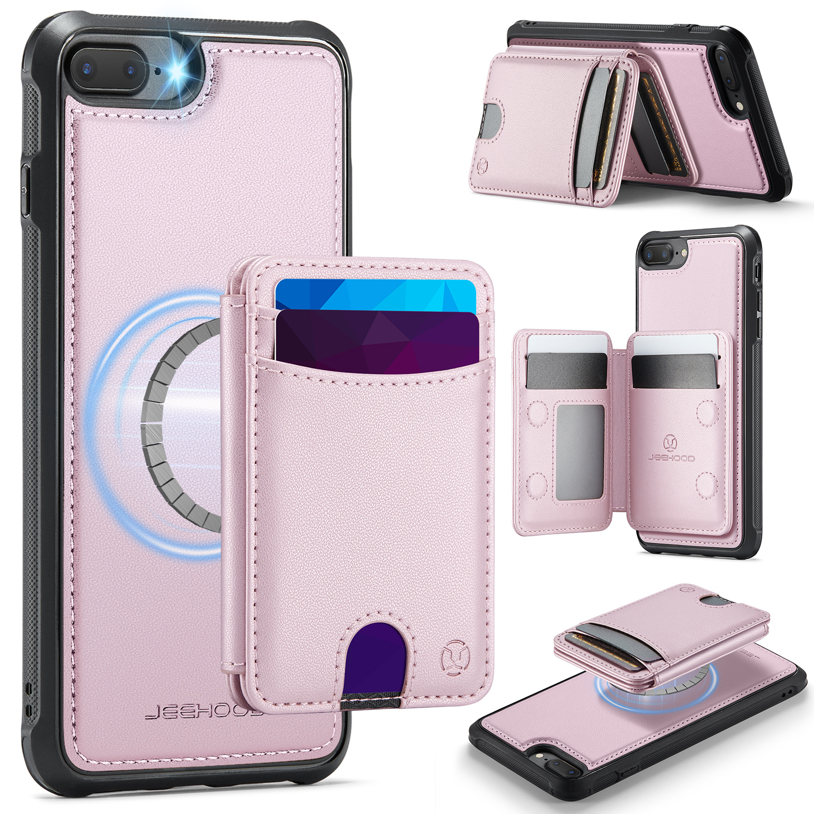 JEEHOOD For iPhone 8 Plus 5.5 inch / iPhone 7 Plus 5.5 inch Magnetic Case J10 Leather Back Phone Cover with Detachable Card Holder Kickstand - Pink