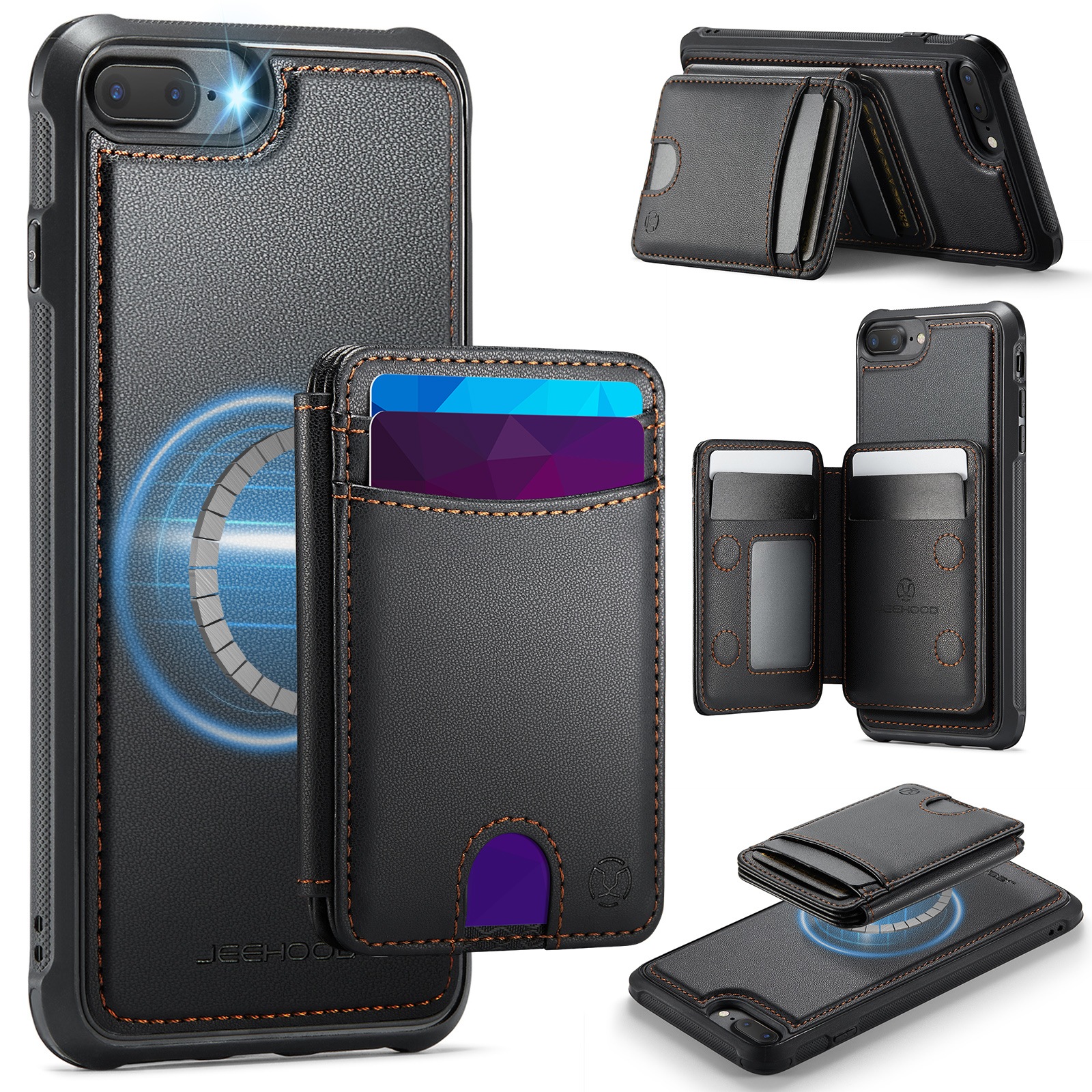 JEEHOOD For iPhone 8 Plus 5.5 inch / iPhone 7 Plus 5.5 inch Magnetic Case J10 Leather Back Phone Cover with Detachable Card Holder Kickstand - Black