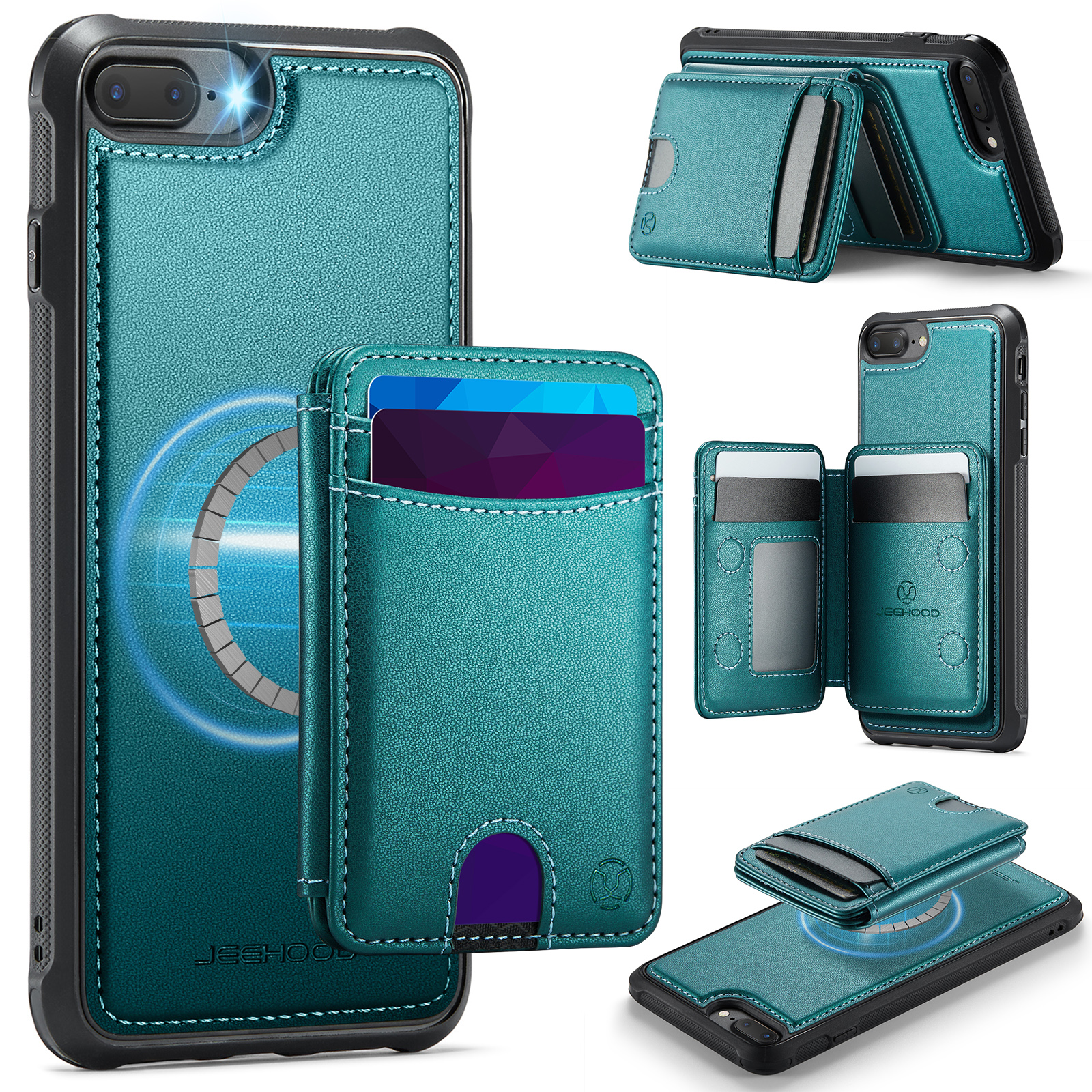 JEEHOOD For iPhone 8 Plus 5.5 inch / iPhone 7 Plus 5.5 inch Magnetic Case  J10 Leather Back Phone Cover with Detachable Card Holder Kickstand - Blue