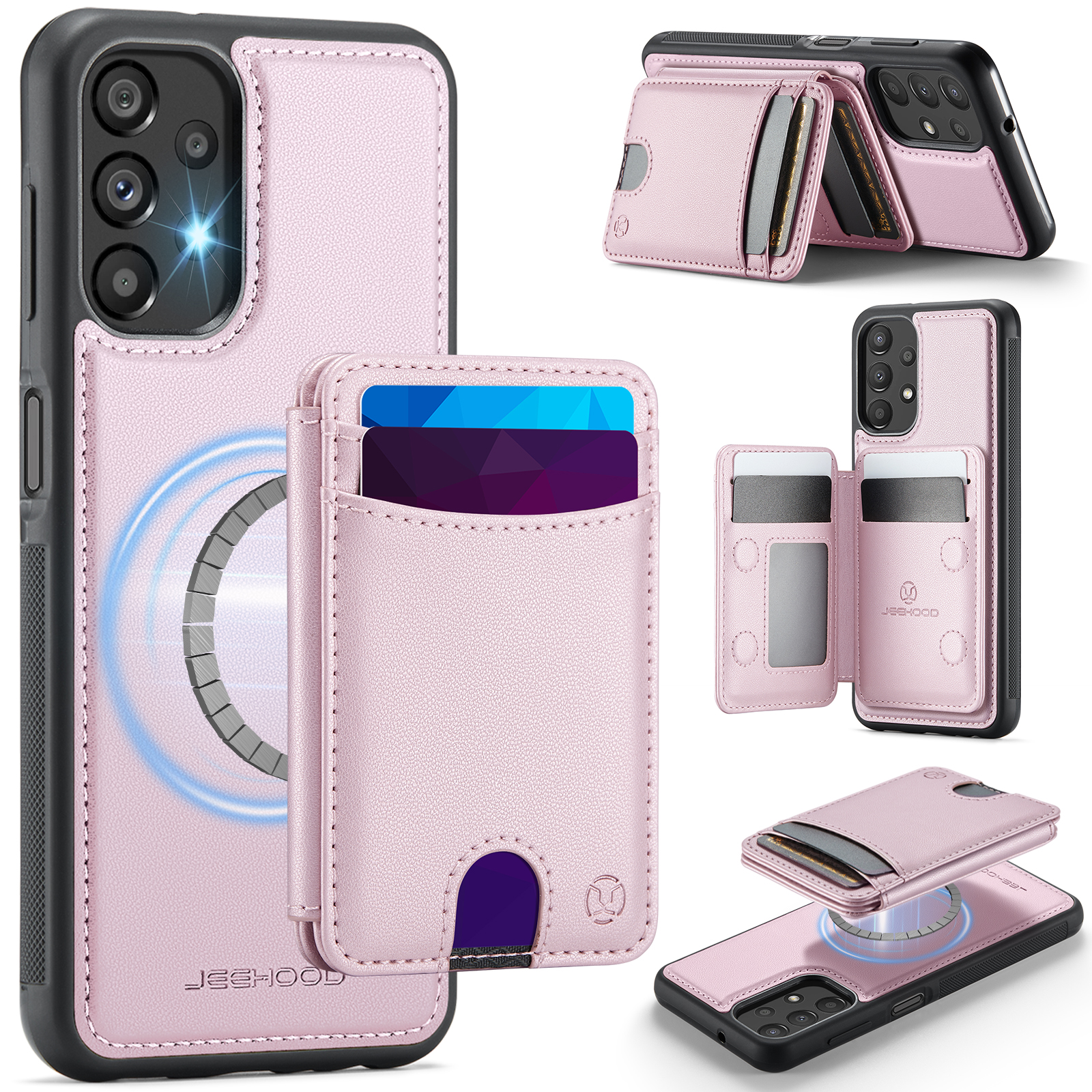 JEEHOOD For Samsung Galaxy A23 5G (Global) / Galaxy A23 4G Magnetic Case  J10 Leather Back Phone Cover with Detachable Card Holder Kickstand - Pink