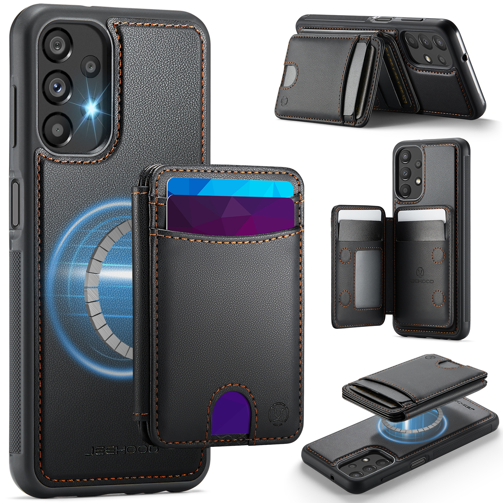 JEEHOOD For Samsung Galaxy A23 5G (Global) / Galaxy A23 4G Magnetic Case J10 Leather Back Phone Cover with Detachable Card Holder Kickstand - Black