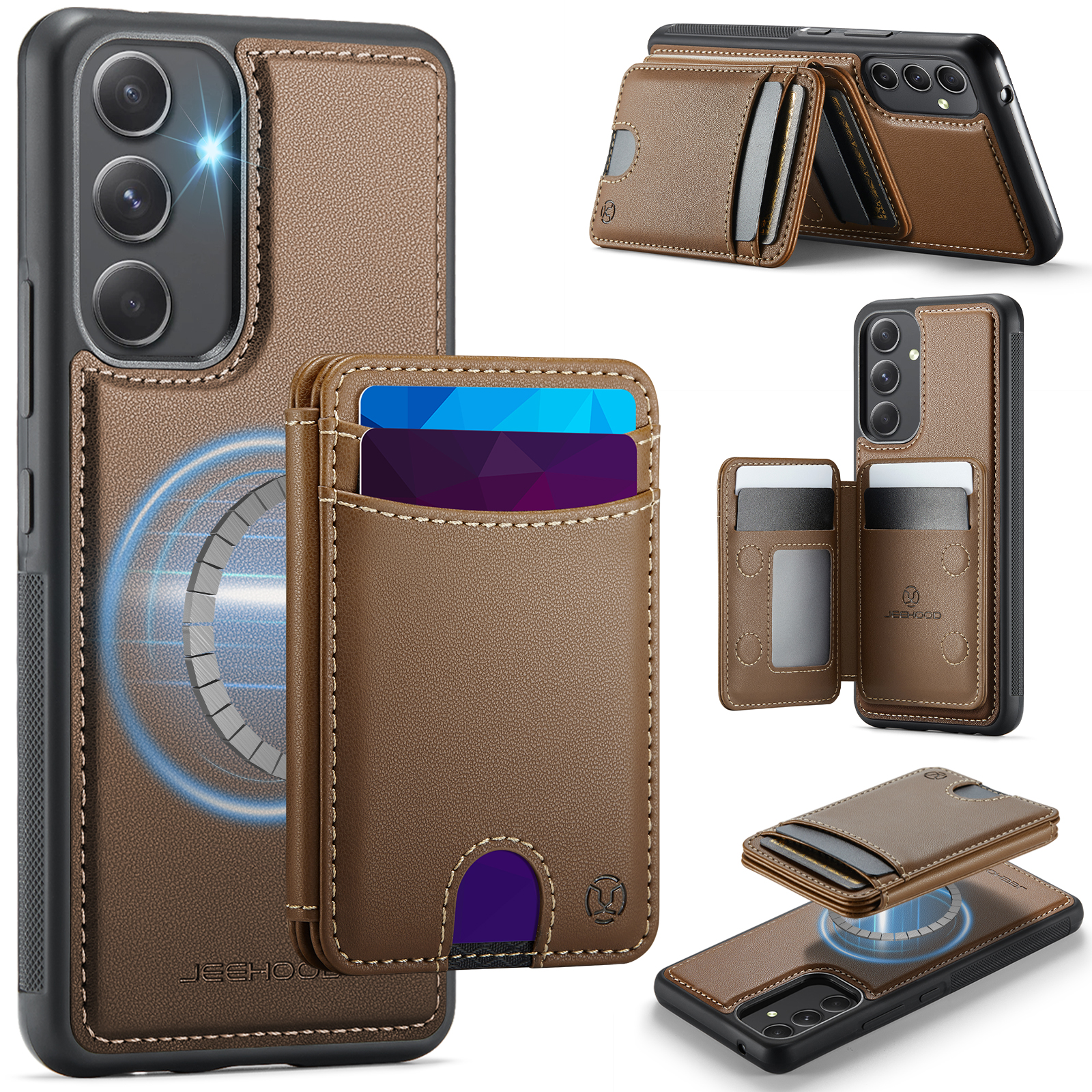 JEEHOOD For Samsung Galaxy A54 5G Magnetic Case J10 Leather Back Phone Cover with Detachable Card Holder Kickstand - Brown
