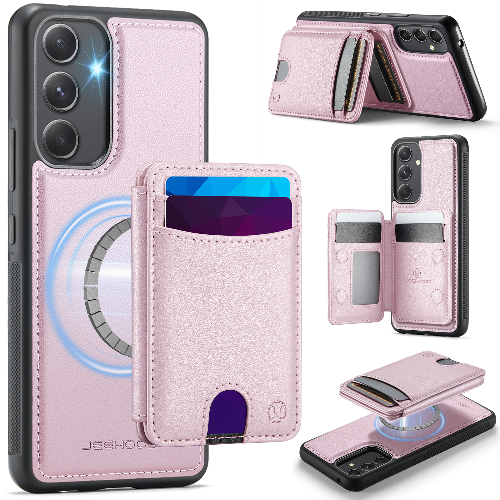 JEEHOOD For Samsung Galaxy A54 5G Magnetic Case J10 Leather Back Phone Cover with Detachable Card Holder Kickstand - Pink