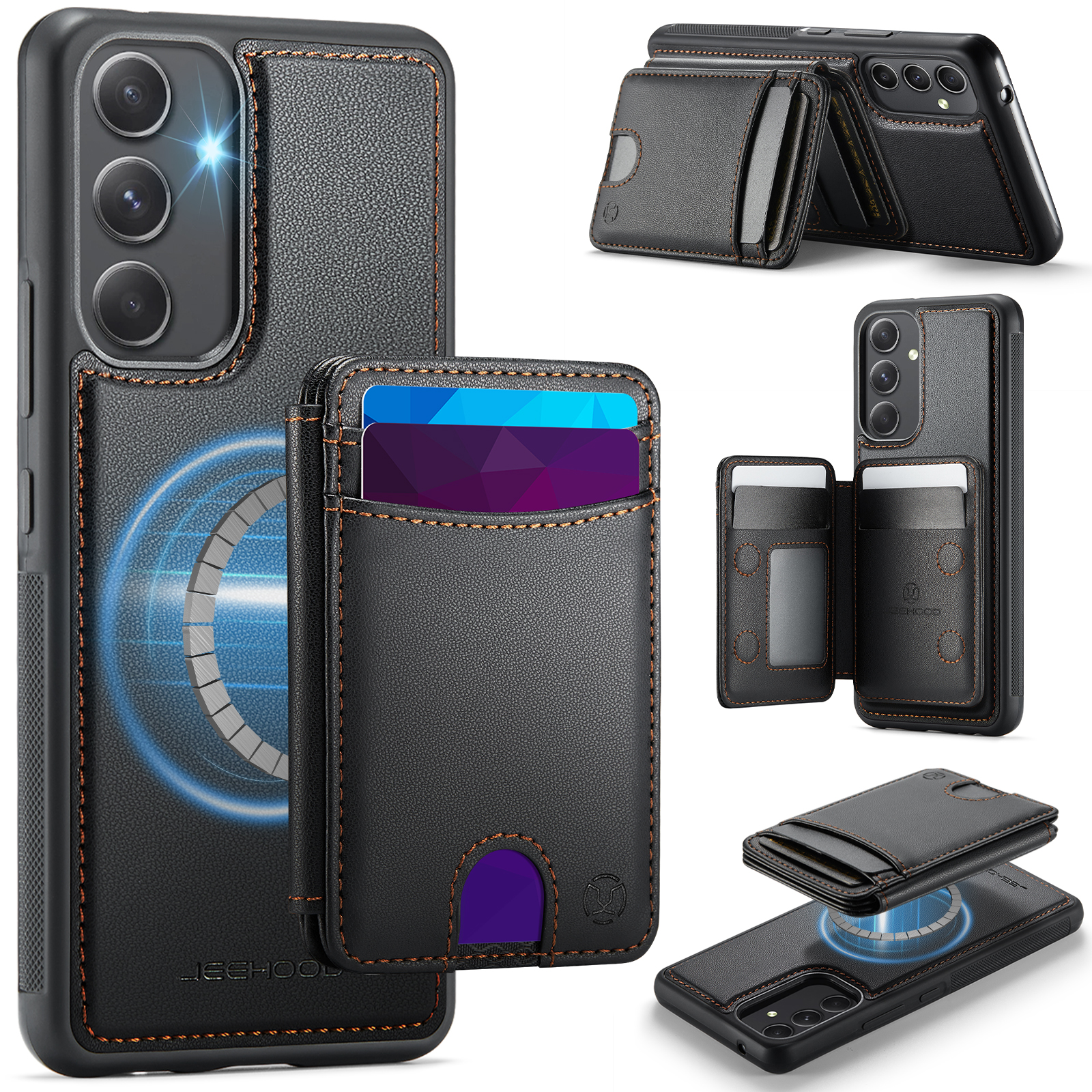 JEEHOOD For Samsung Galaxy A54 5G Magnetic Case J10 Leather Back Phone Cover with Detachable Card Holder Kickstand - Black