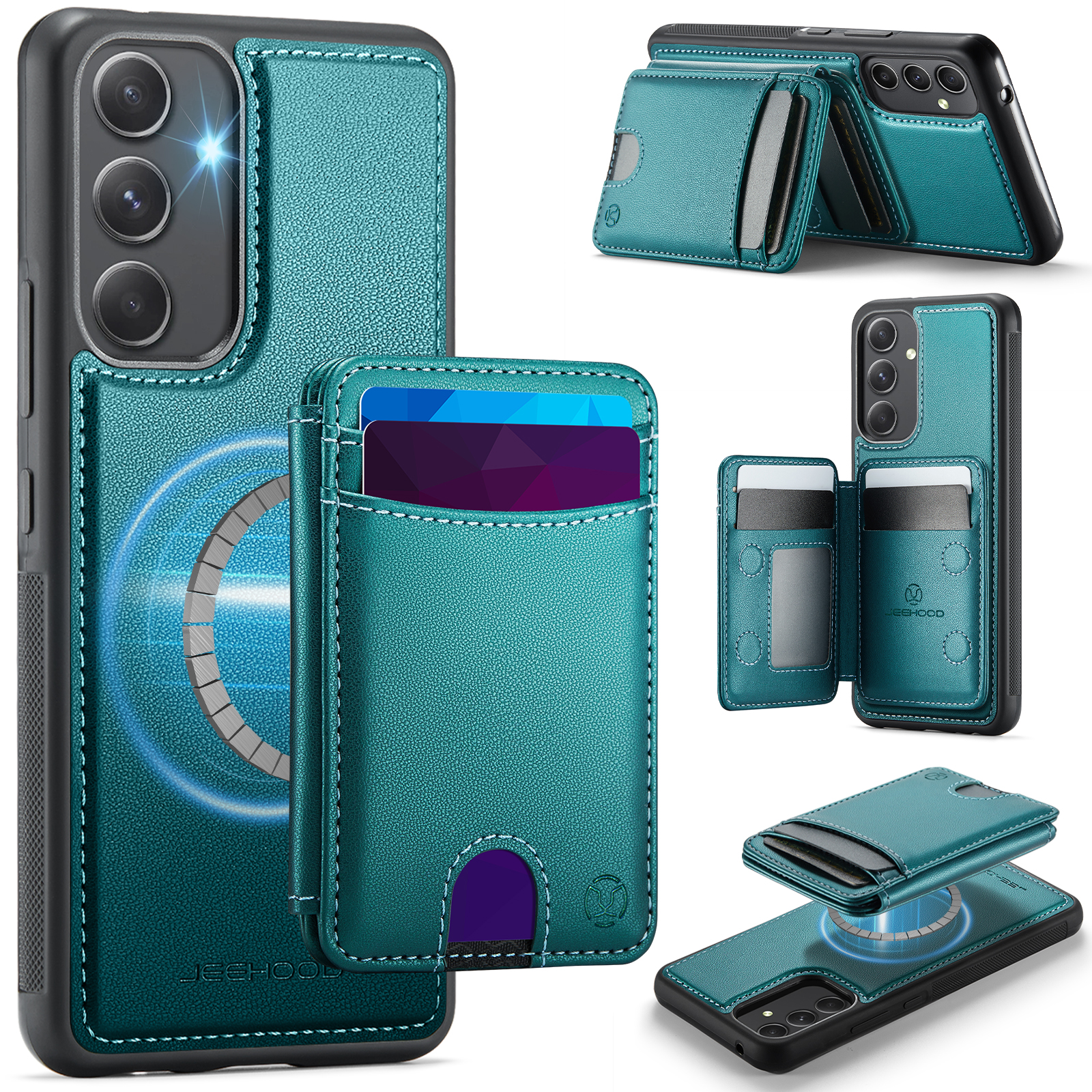 JEEHOOD For Samsung Galaxy A54 5G Magnetic Case  J10 Leather Back Phone Cover with Detachable Card Holder Kickstand - Blue